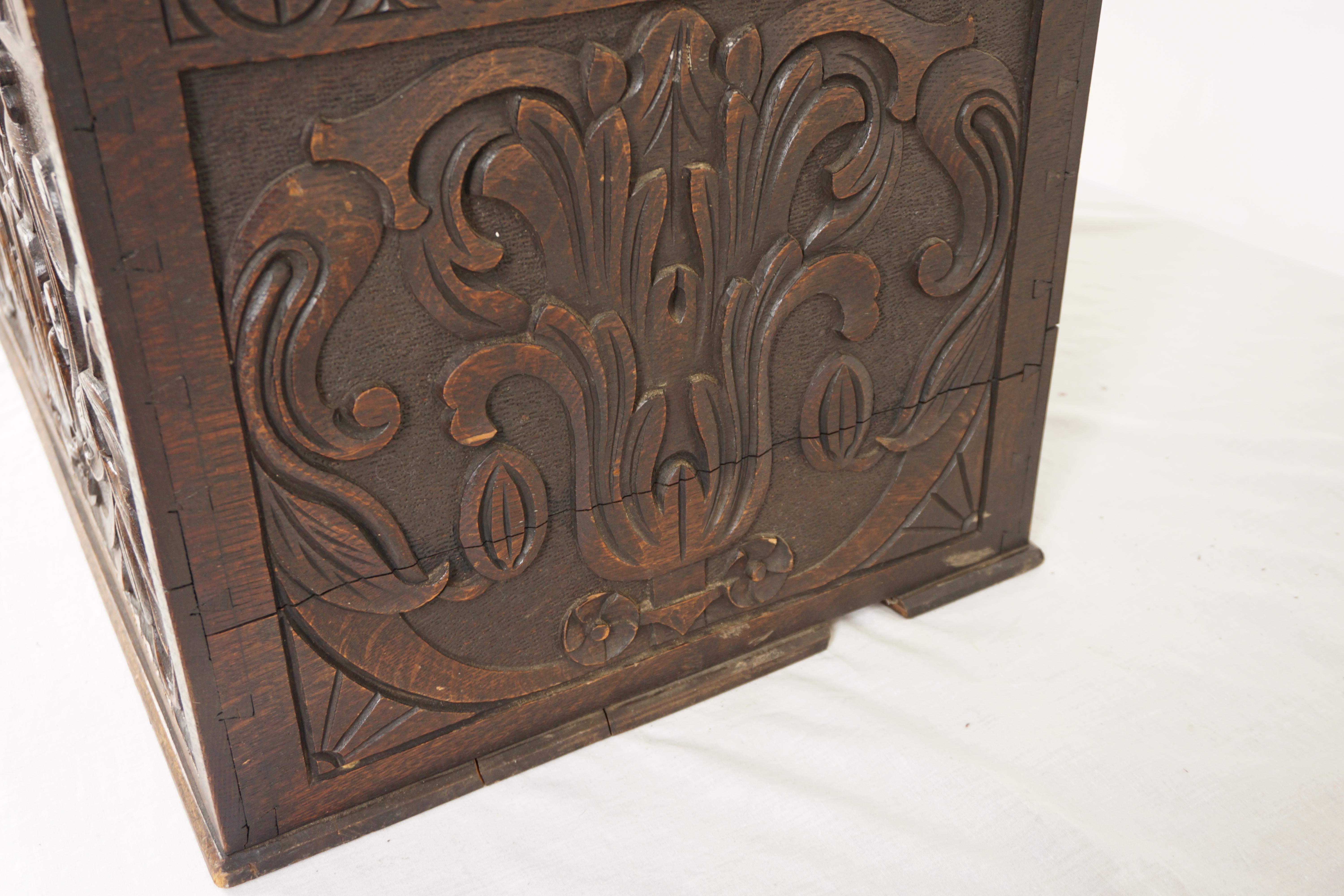 Antique Oak Box, Victorian Gothic Carved Chest and Log Box, Scotland 1880, H1052 For Sale 3