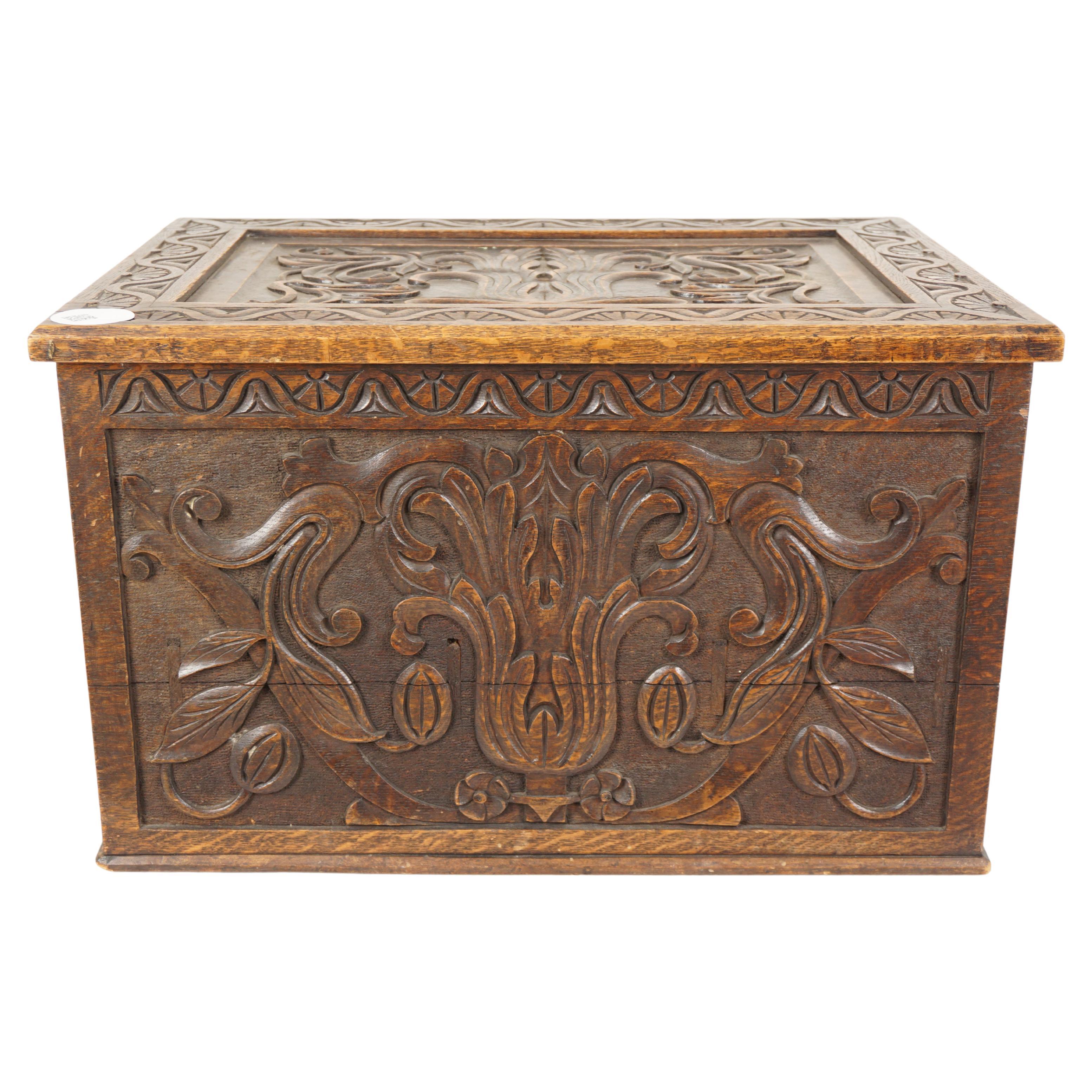 Antique Oak Box, Victorian Gothic Carved Chest and Log Box, Scotland 1880, H1052 For Sale