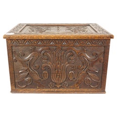 Antique Oak Box, Victorian Gothic Carved Chest and Log Box, Scotland 1880, H1052