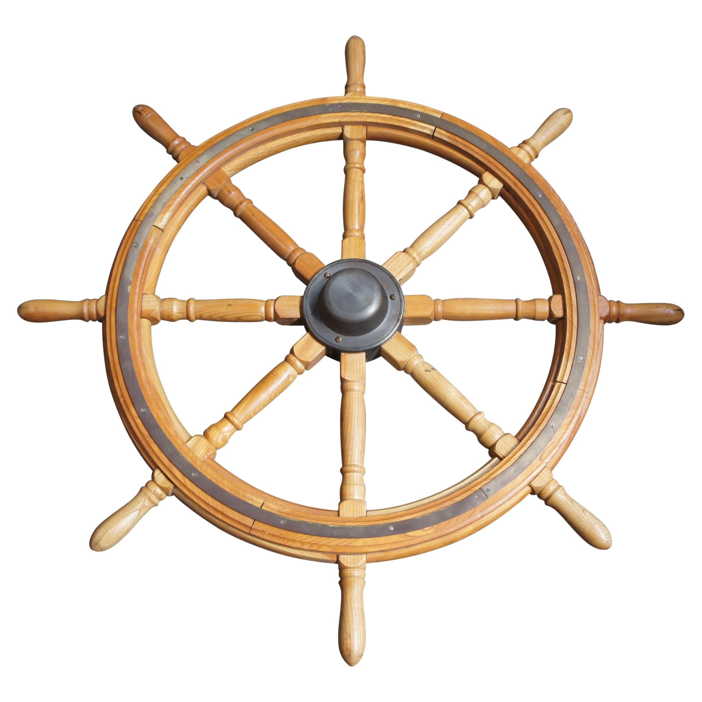 Antique Oak & Brass 8 Spoke Ship Boat Steering Wheel Nautical Maritime