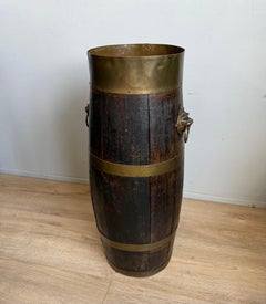Antique Oak & Brass Barrel Shape Umbrella or Stick Stand with Lion Head Handles