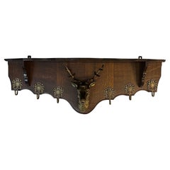 Antique Oak Brass Stags Head Wall Coat Rack