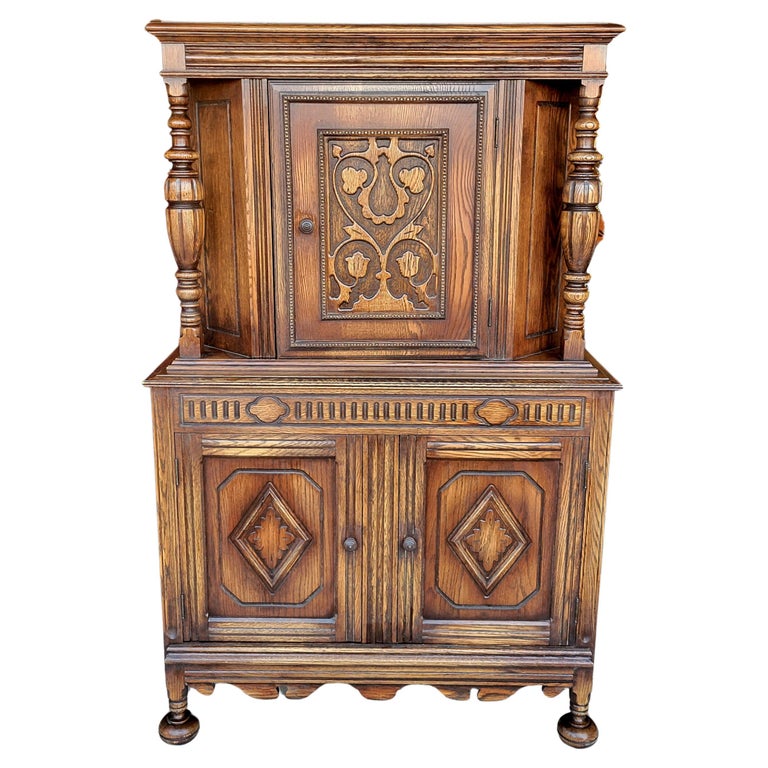 Antique Jacobean Revival Oak Buffet China Hutch For Sale at