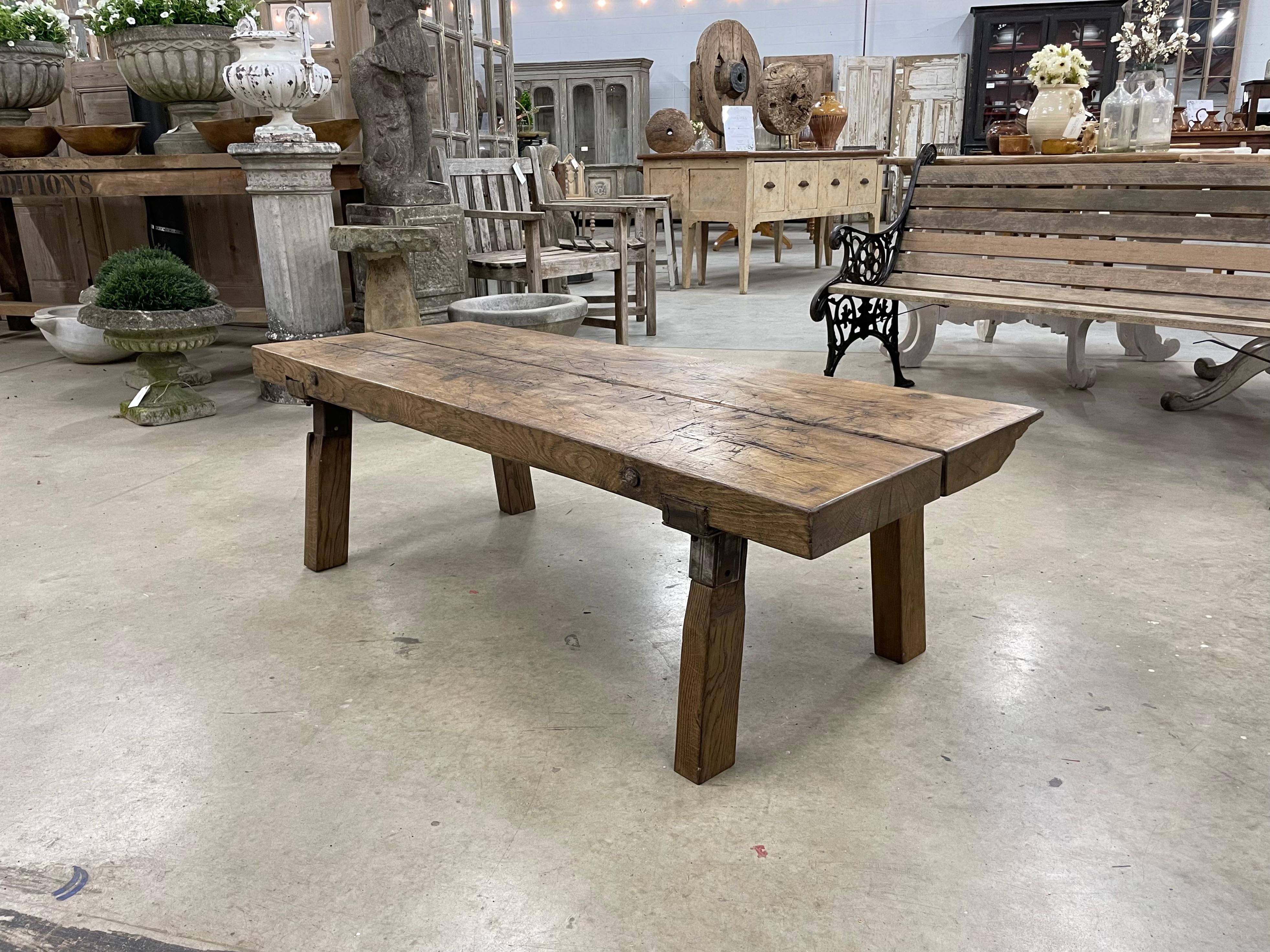 Wonderful antique oak butcher block pig bench table reduced to coffee table height.

Harmony in imperfection is Wabi-sabi - an ancient Japanese ethos that celebrates authenticity, simplicity and finding beauty in imperfection. It reveres all the