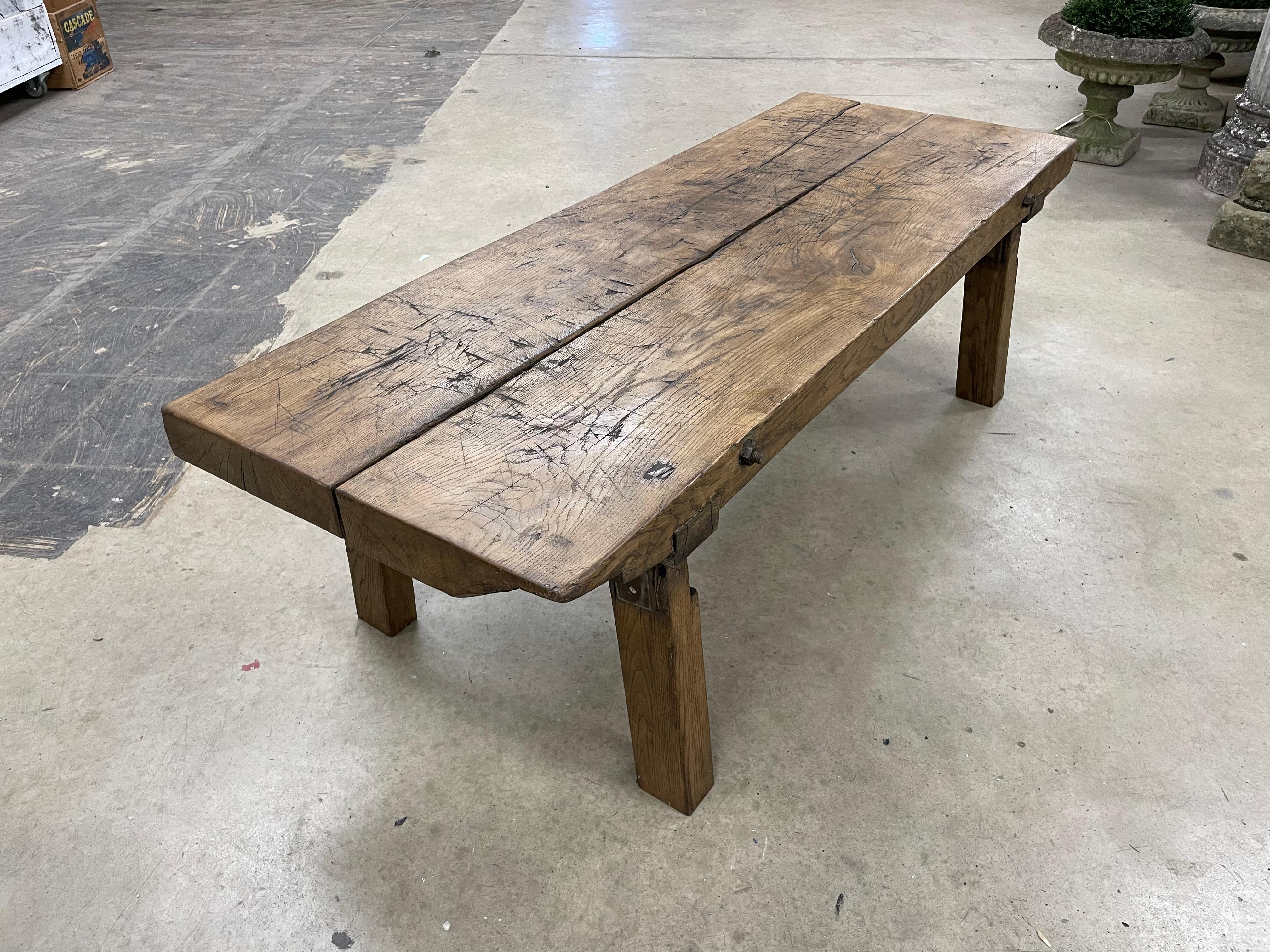Hungarian Antique Oak Butcher Block Pig Bench Coffee Table