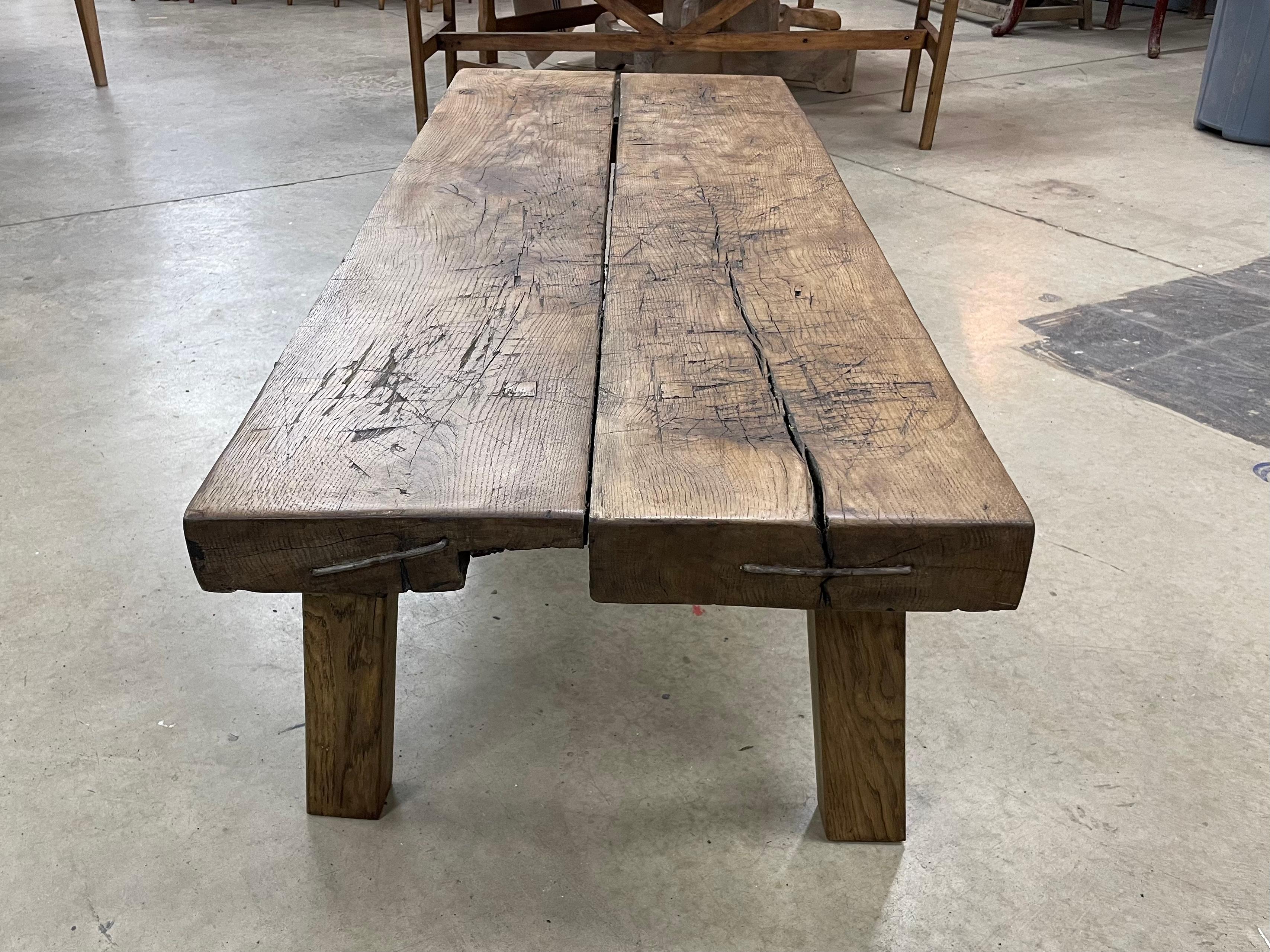 Hand-Carved Antique Oak Butcher Block Pig Bench Coffee Table