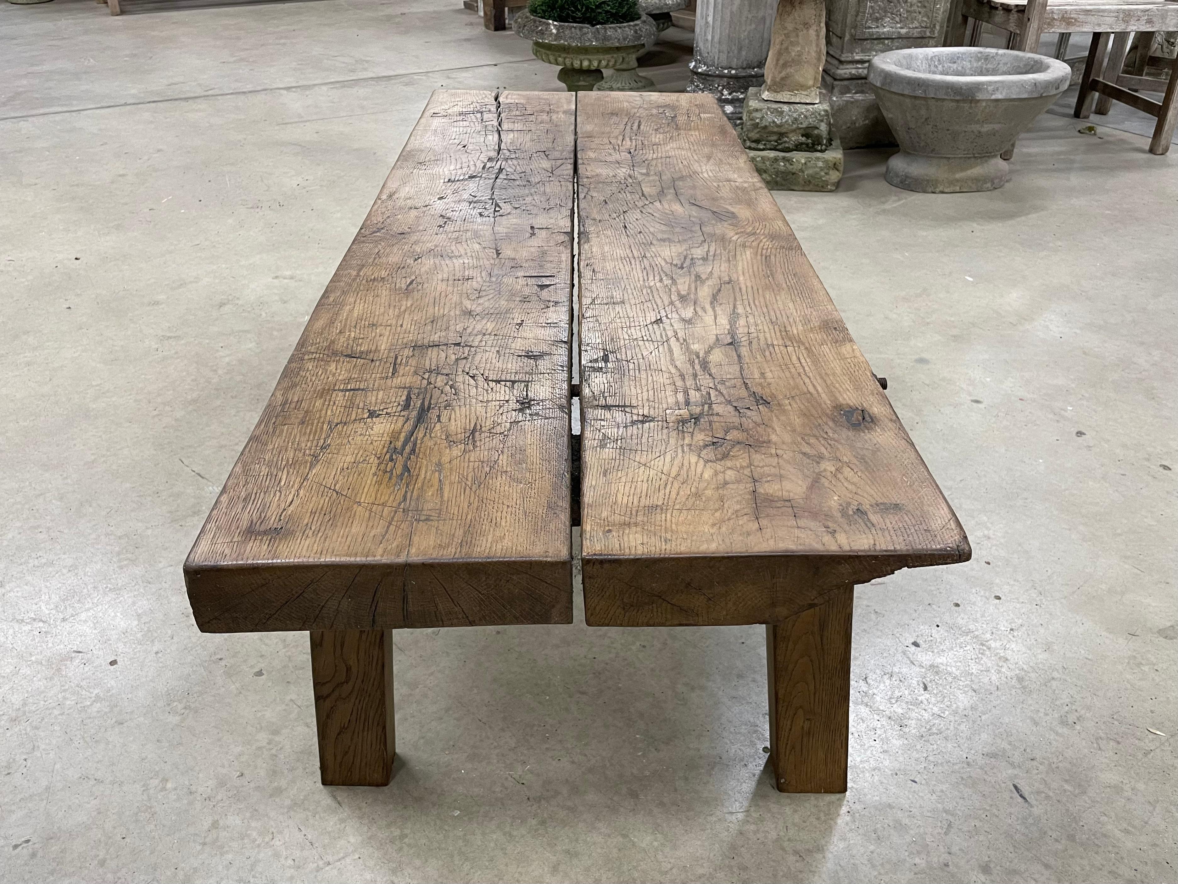 Antique Oak Butcher Block Pig Bench Coffee Table In Good Condition In Calgary, Alberta