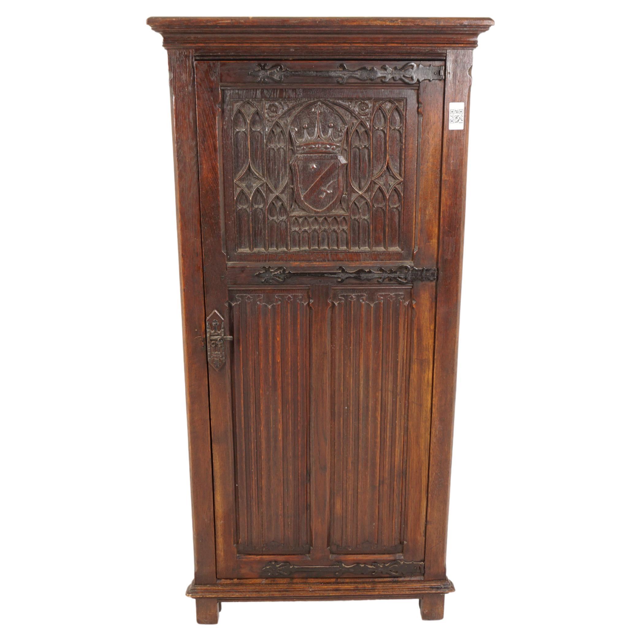 Antique Oak Cabinet, Carved Oak Gothic Style Corner Cabinet, Scotland 1900, H991