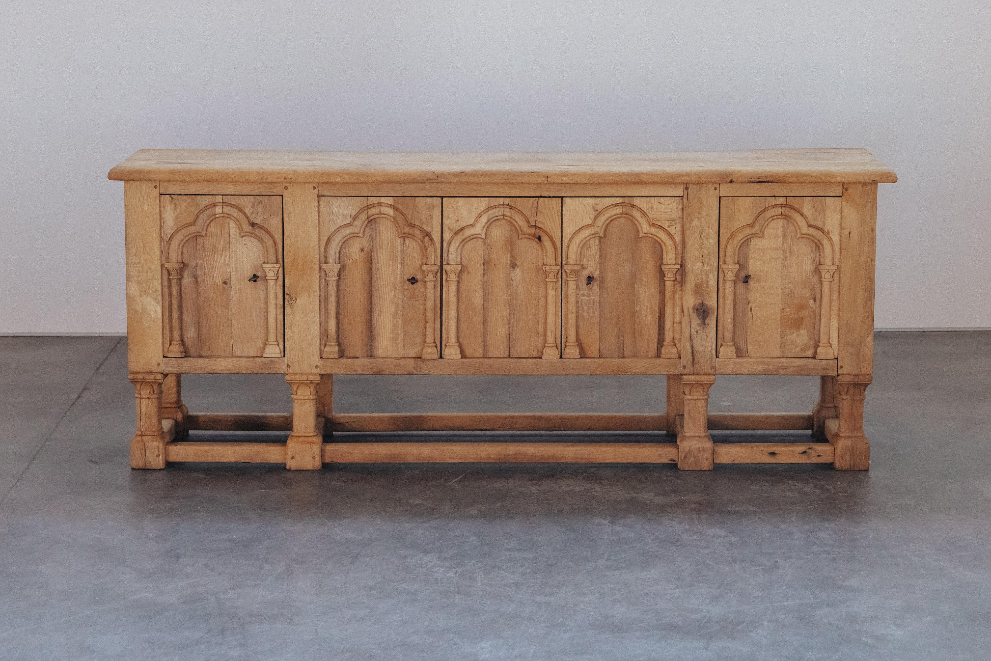 Antique Oak Cabinet From France, Circa 1940.  Solid oak construction with original hardware and keys.  Great patina and use.