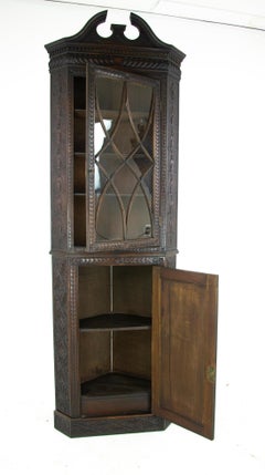 Antique Oak Cabinet, Heavily Carved Display Corner Cabinet, Scotland 1870, B1420