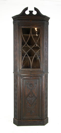 Antique Oak Cabinet, Heavily Carved Display Corner Cabinet, Scotland 1870, B1420
