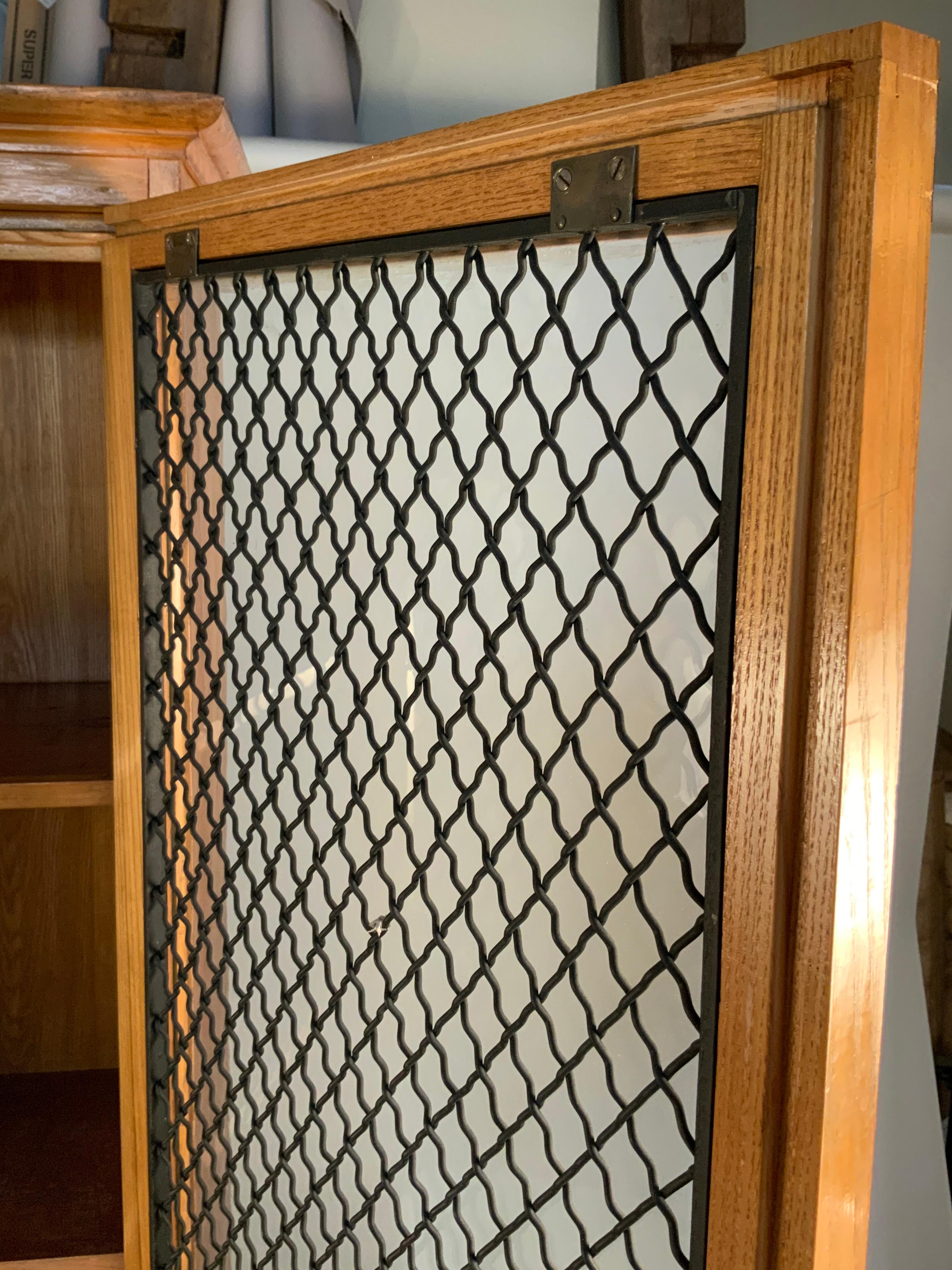 Antique Oak Cabinet with Wire Cage Glass Door In Good Condition In Hudson, NY