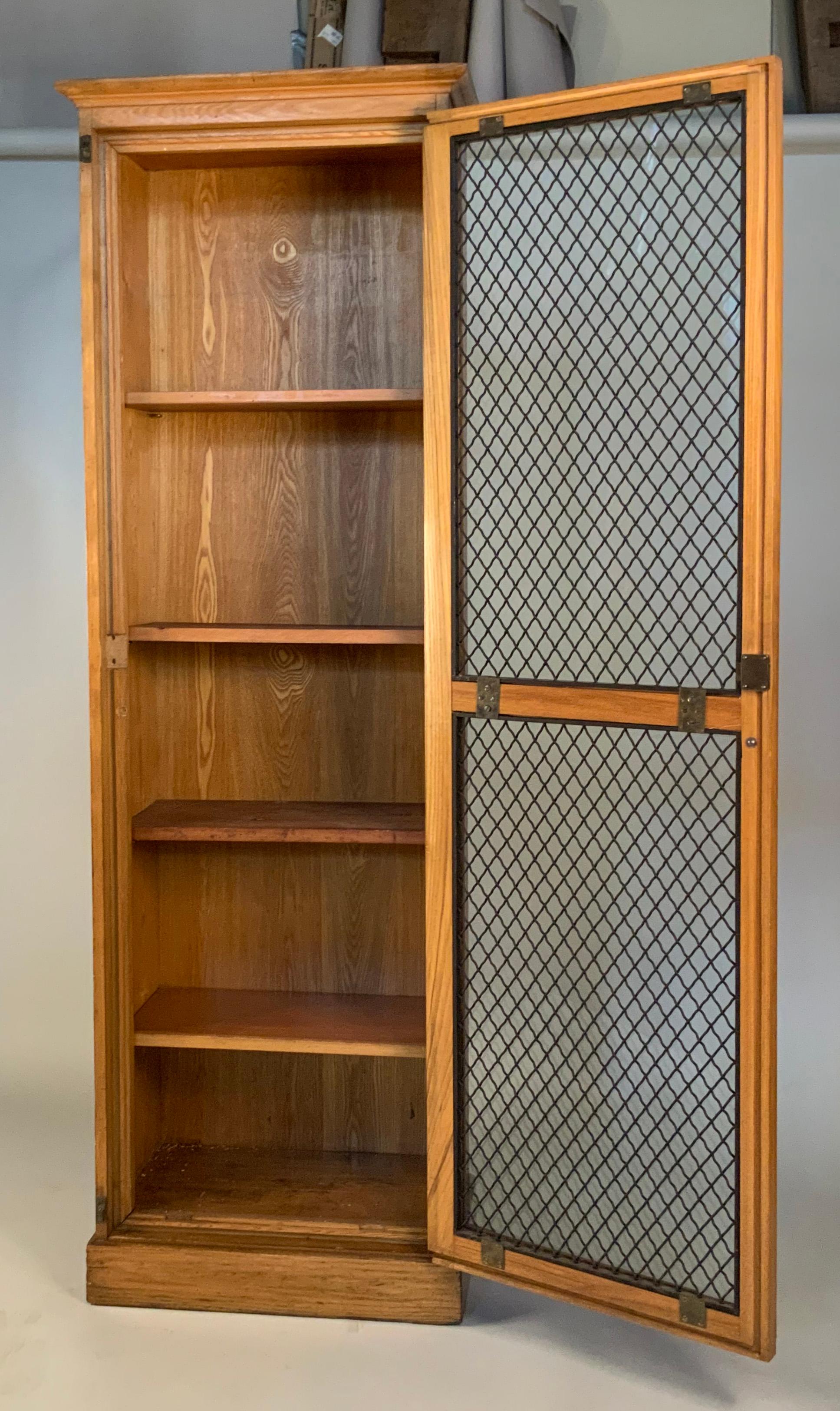 Early 20th Century Antique Oak Cabinet with Wire Cage Glass Door