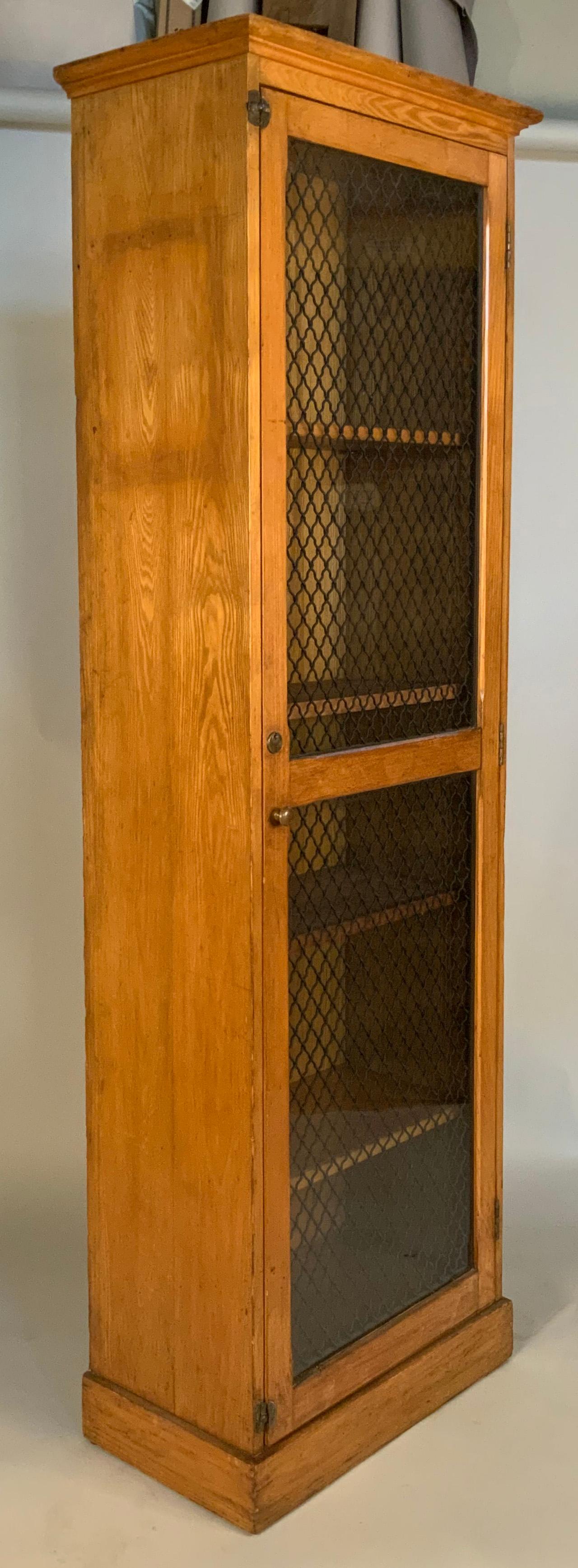 Antique Oak Cabinet with Wire Cage Glass Door 2