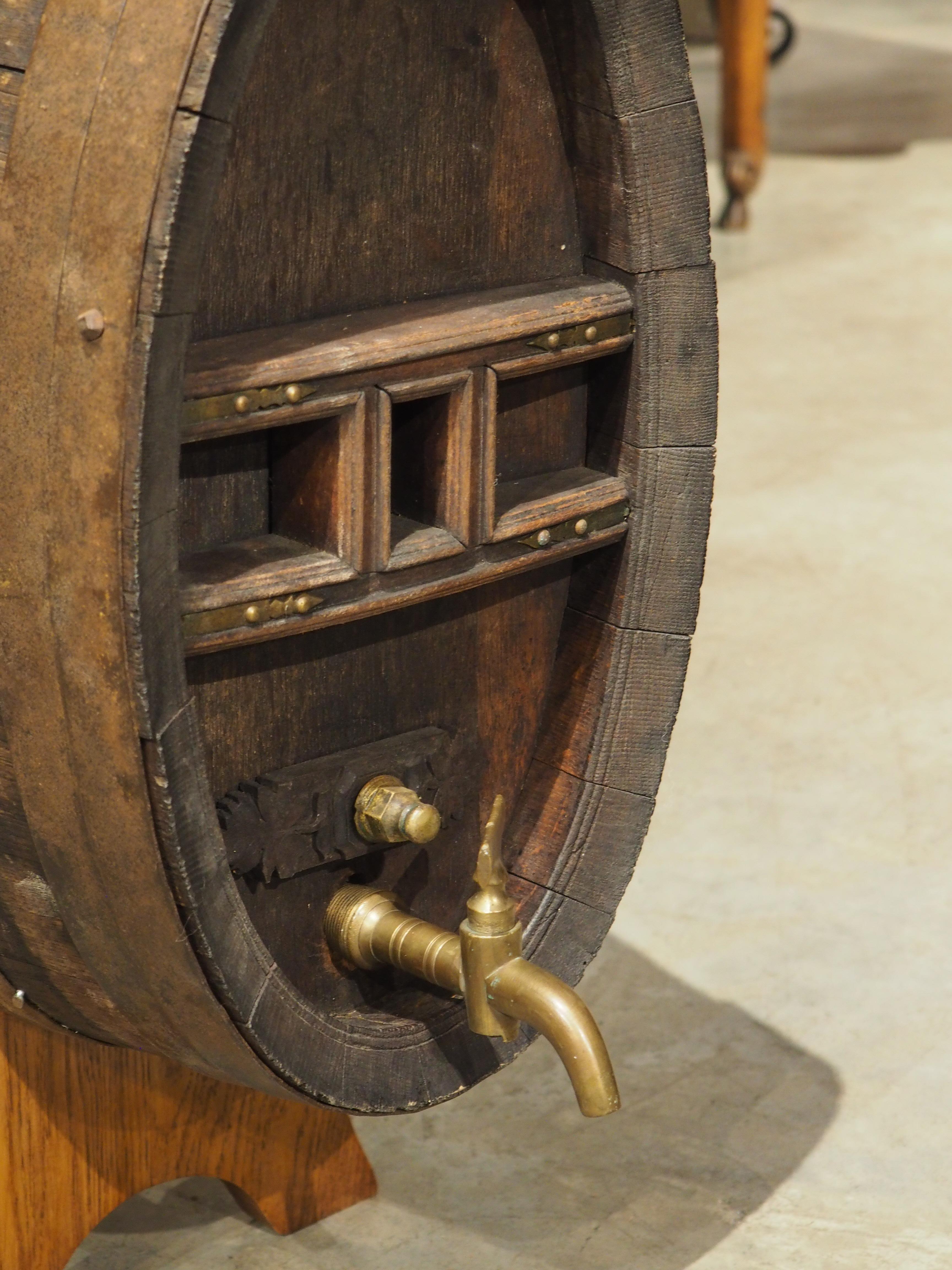 Hand-Carved Antique Oak Calvados Barrel on Stand from Normandy, Circa 1850 For Sale