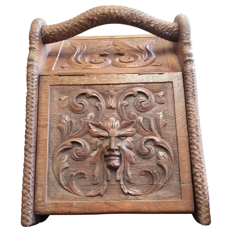 Antique Oak Carved Coal Scuttle For Sale at 1stDibs