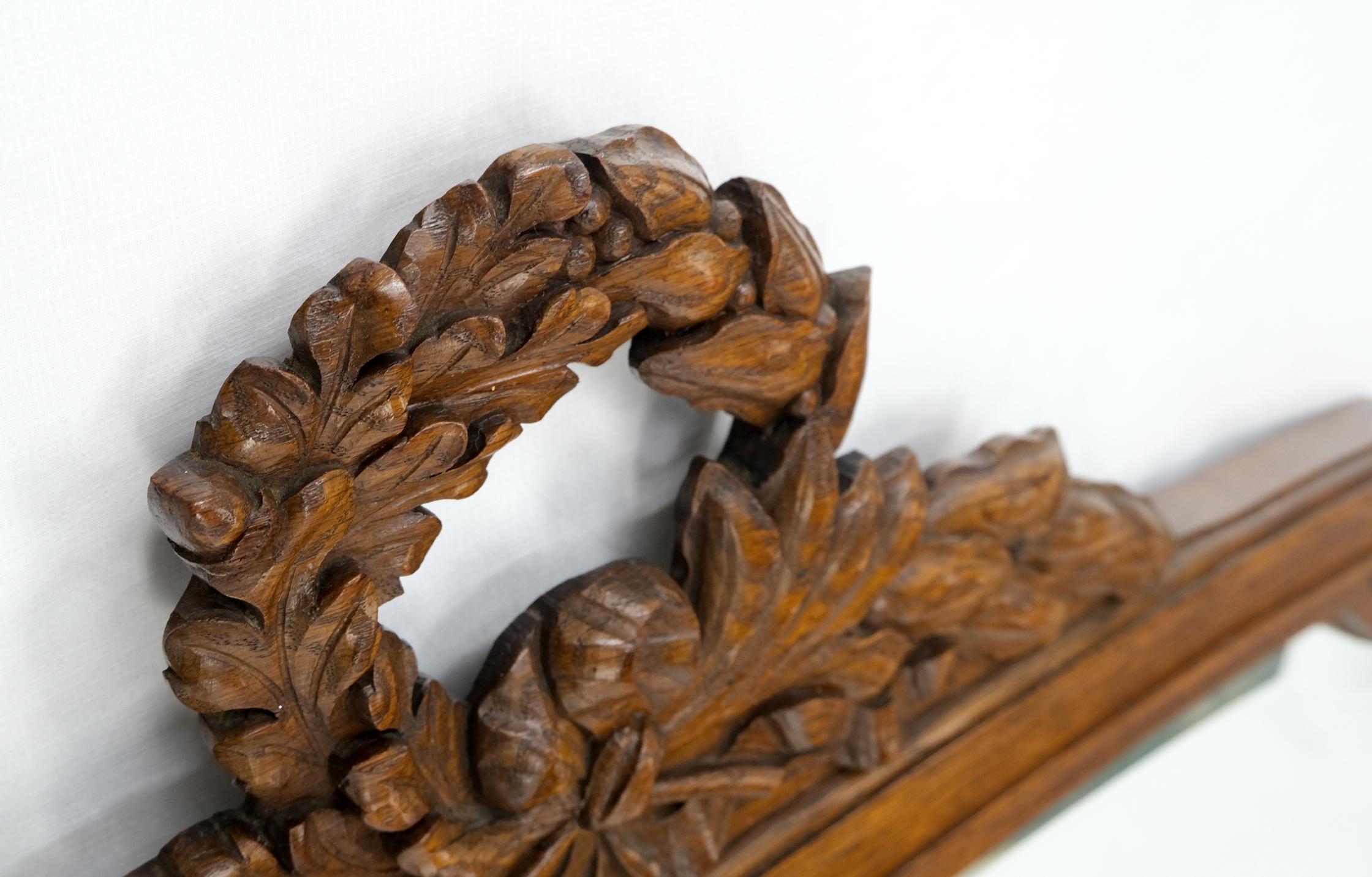 Regency Revival Antique Oak Carved Figural Beveled Glass Horizontal Wall Mirror For Sale