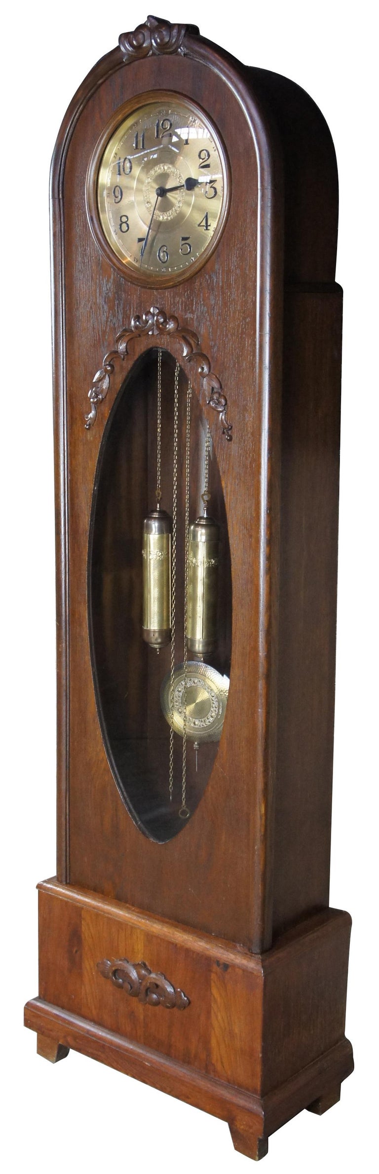 Antique Oak Carved Tall Case Kieninger German Art Deco Grandfather