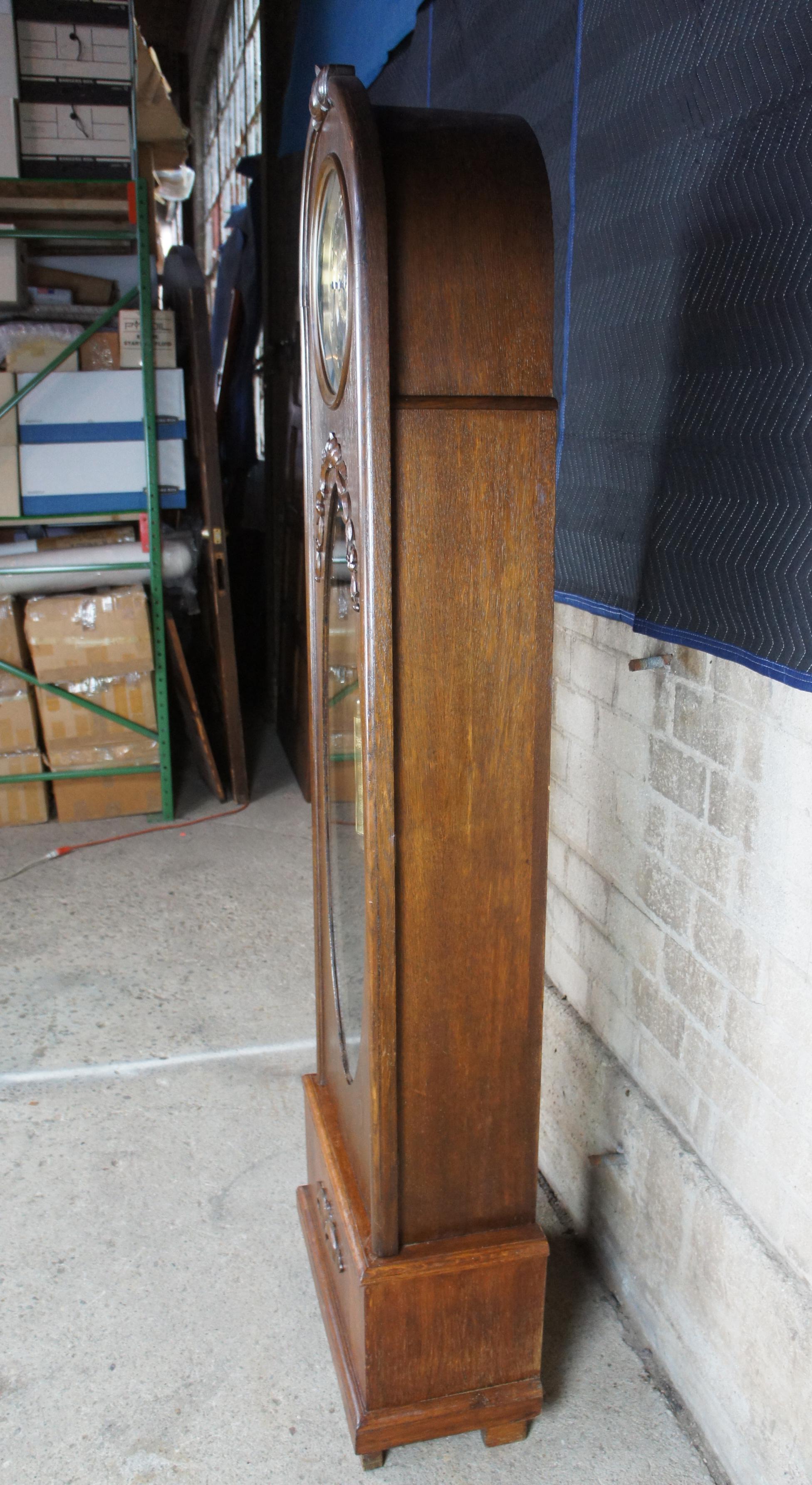 Antique Oak Carved Tall Case Kieninger German Art Deco Grandfather Clock In Good Condition In Dayton, OH