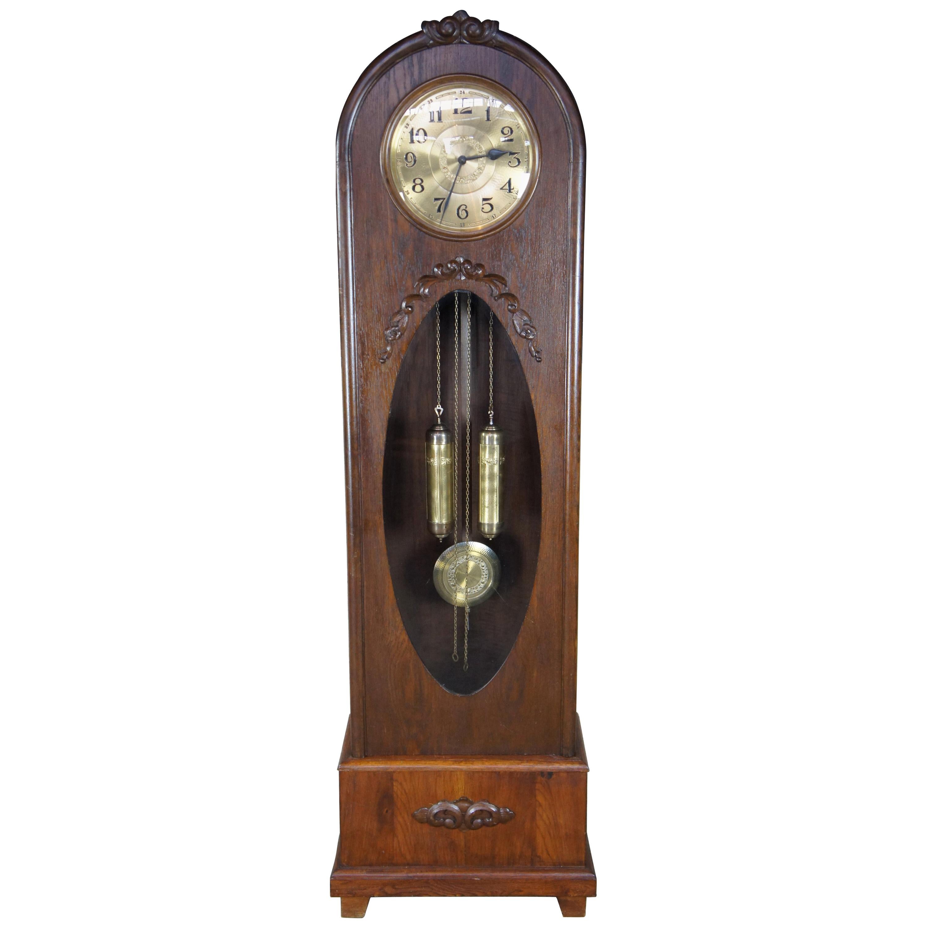 Antique Oak Carved Tall Case Kieninger German Art Deco Grandfather Clock