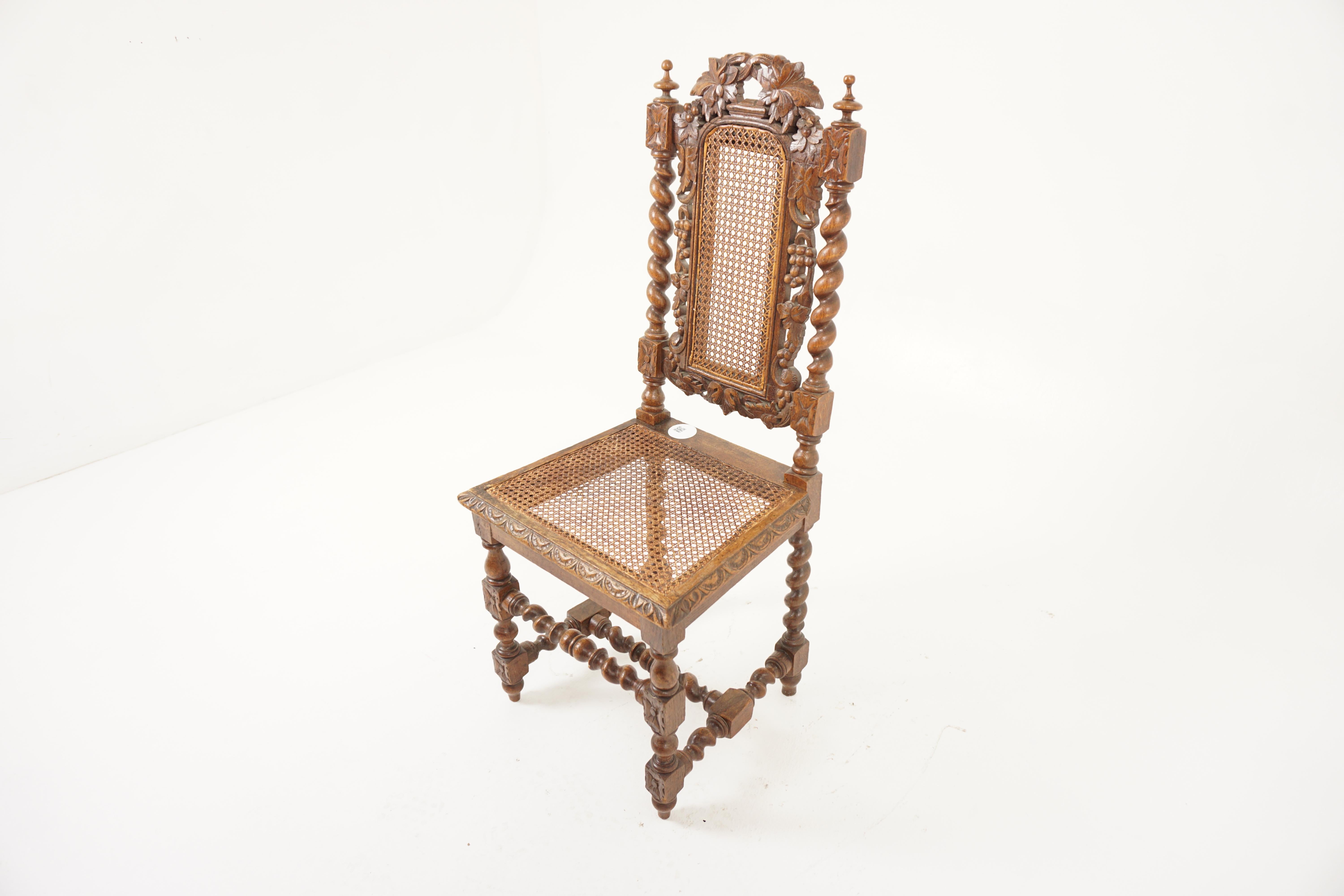 Antique Oak Chair, Gothic Heavily Carved Barley Twist Oak Hall Chair, Desk Chair, Antique Furniture, Scotland 1880, H1063

+ Scotland 1880
+ Solid Oak 
+ Original Finish 
+ Having fruiting vines and very ornate cresting
+ With turned finials