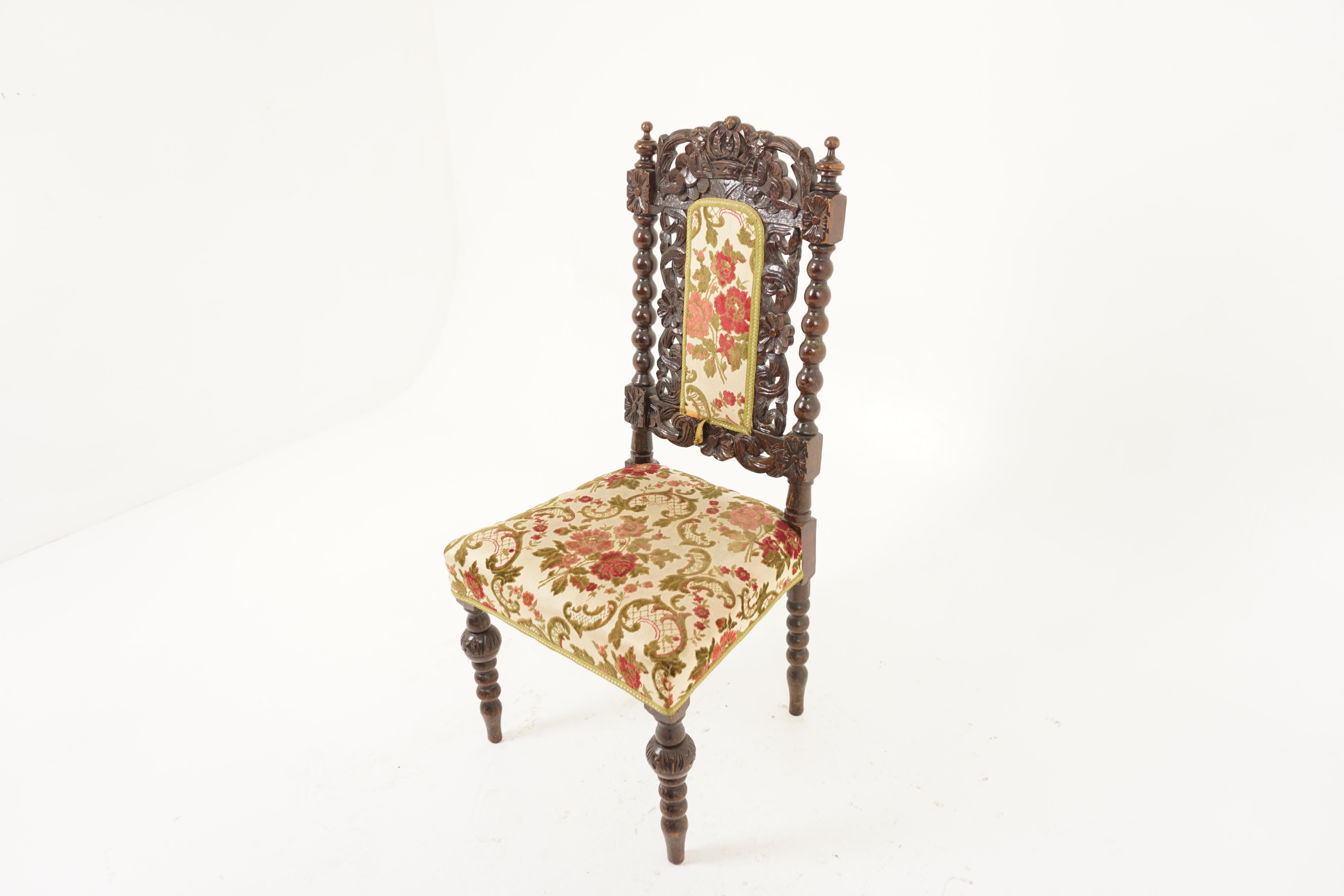 Antique Oak Chair, Victorian Gothic Heavily Carved Upholstered Hall Chair, Antique Furniture, Scotland 1880, H1117

+ Scotland 1880
+ Solid Oak 
+ Original Finish 
+ Heavily carved top rail with crown
+ With turned finials and bobbin