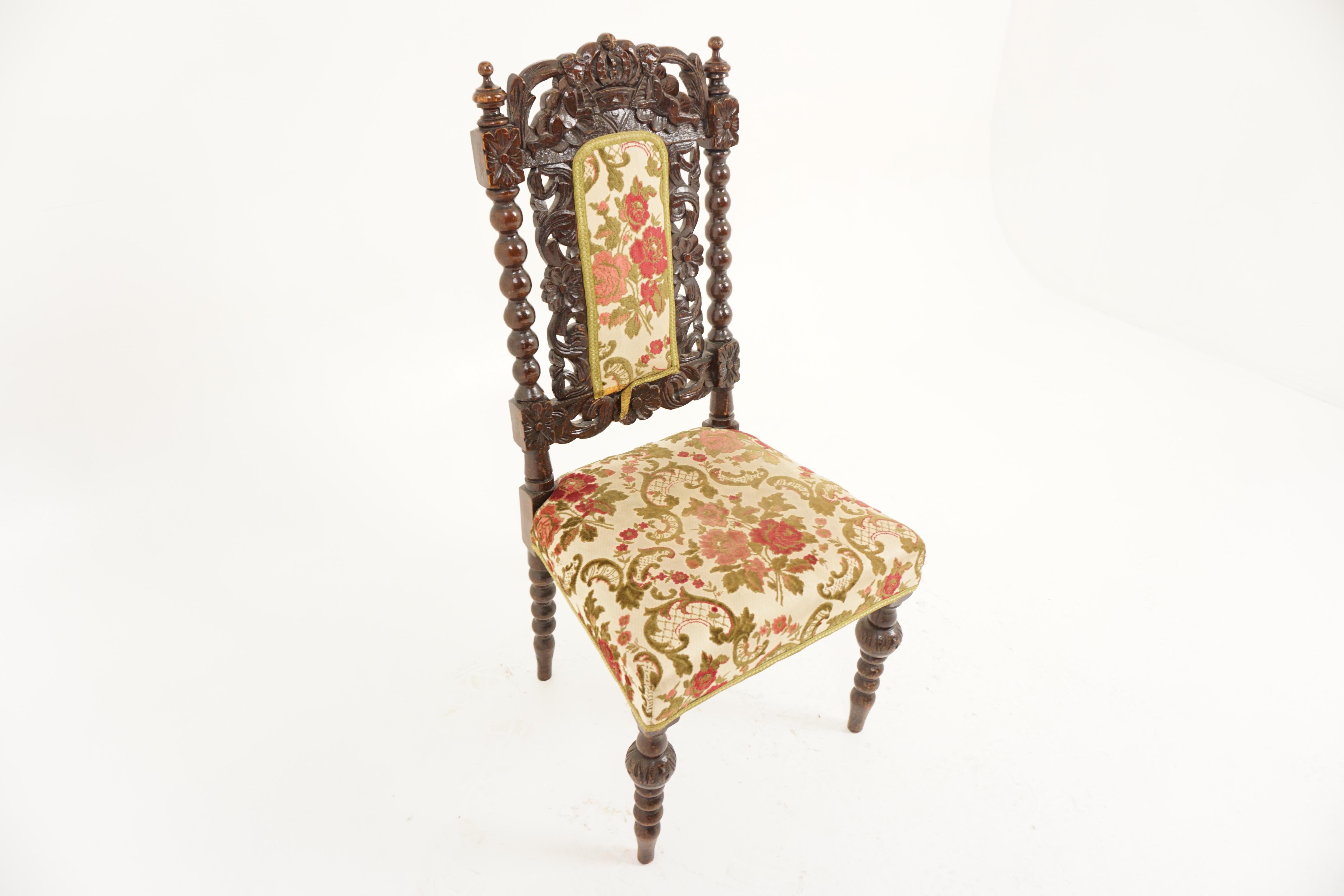 Gothic Antique Oak Chair, Heavily Carved Upholstered Hall Chair, Scotland 1880, H1117
