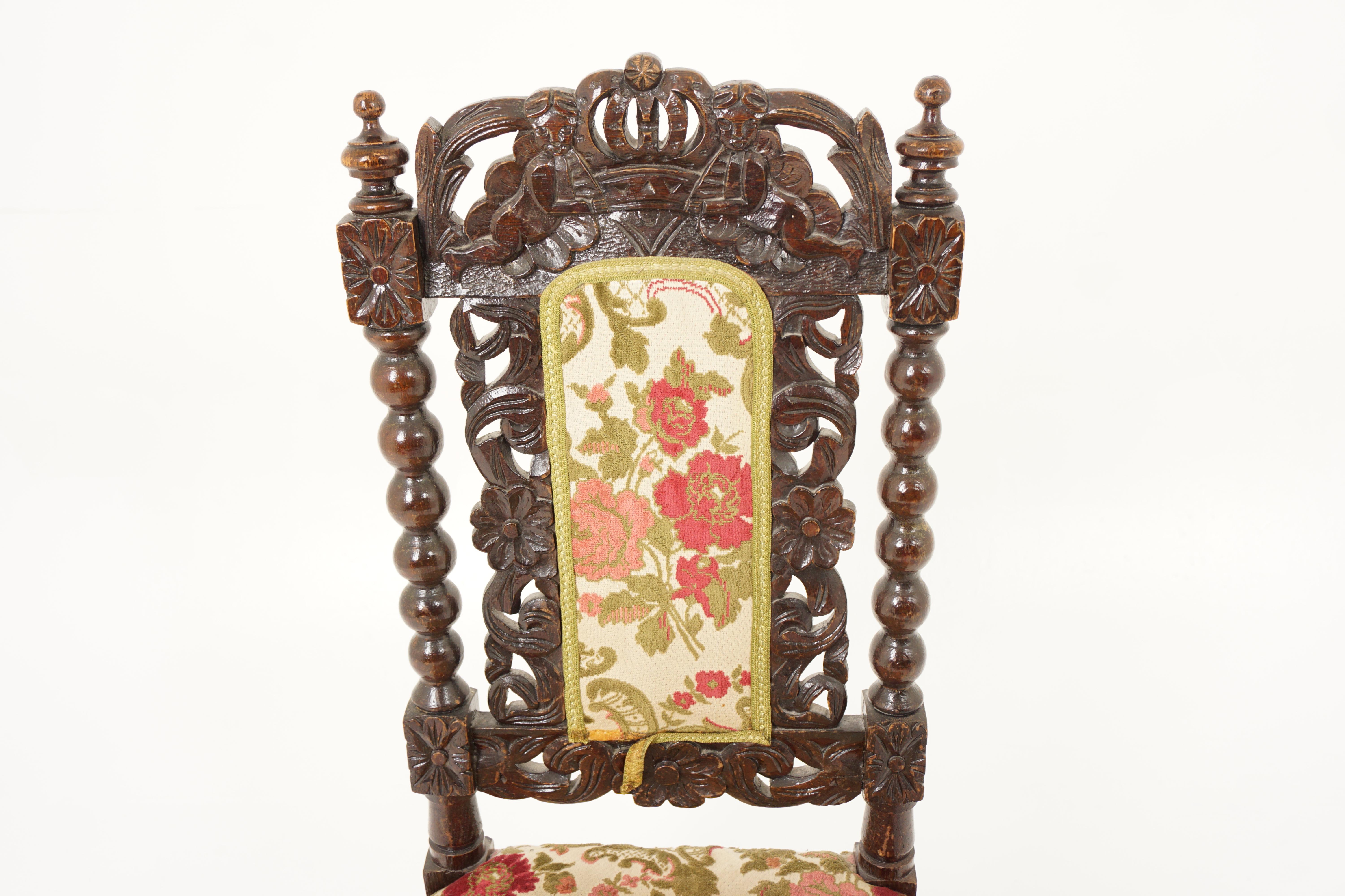 Scottish Antique Oak Chair, Heavily Carved Upholstered Hall Chair, Scotland 1880, H1117