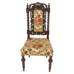 Antique Oak Chair, Heavily Carved Upholstered Hall Chair, Scotland 1880, H1117