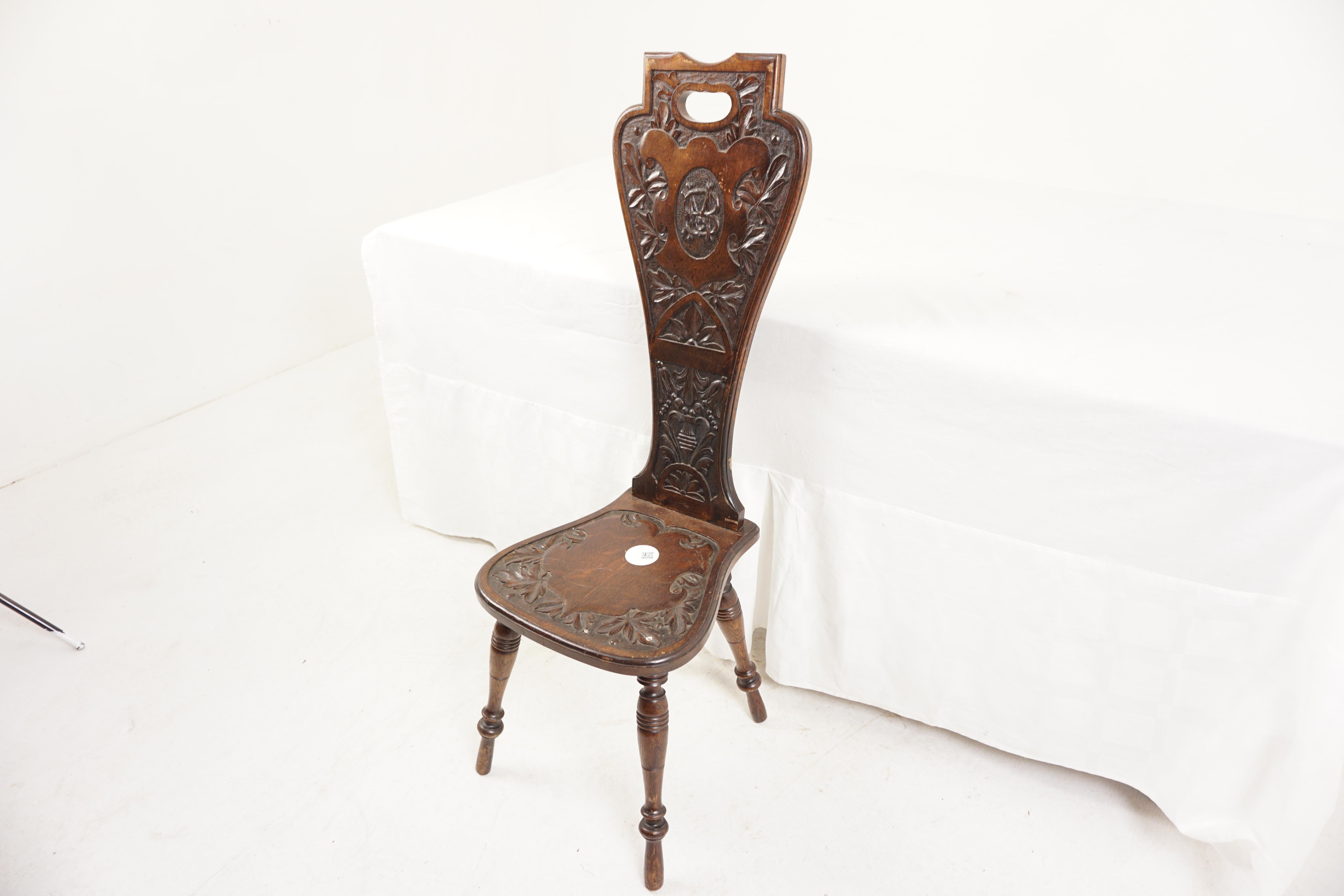 Antique Oak Chair, Tall Carved Oak Spinning Chair, Hall Chair, Antique Furniture, Scotland 1890, H1077

+ Scotland 1880
+ Solid Oak
+ Original finish
+ Has a lovely shaped carved high back 
+ With a cut out back and carved shaped seat
+ All