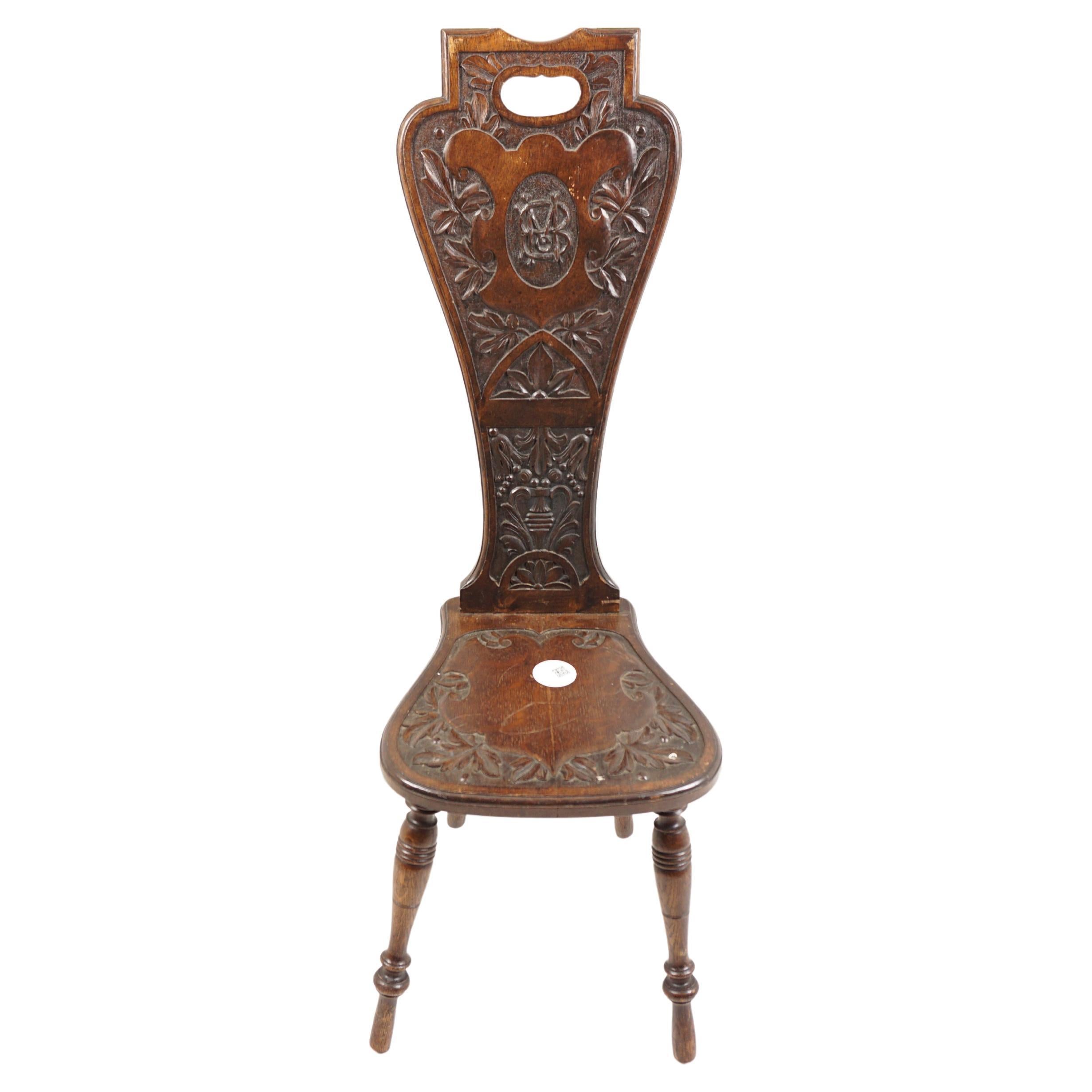 Antique Oak Chair, Tall Carved Oak Hall and Spinning Chair, Scotland 1890, H1077