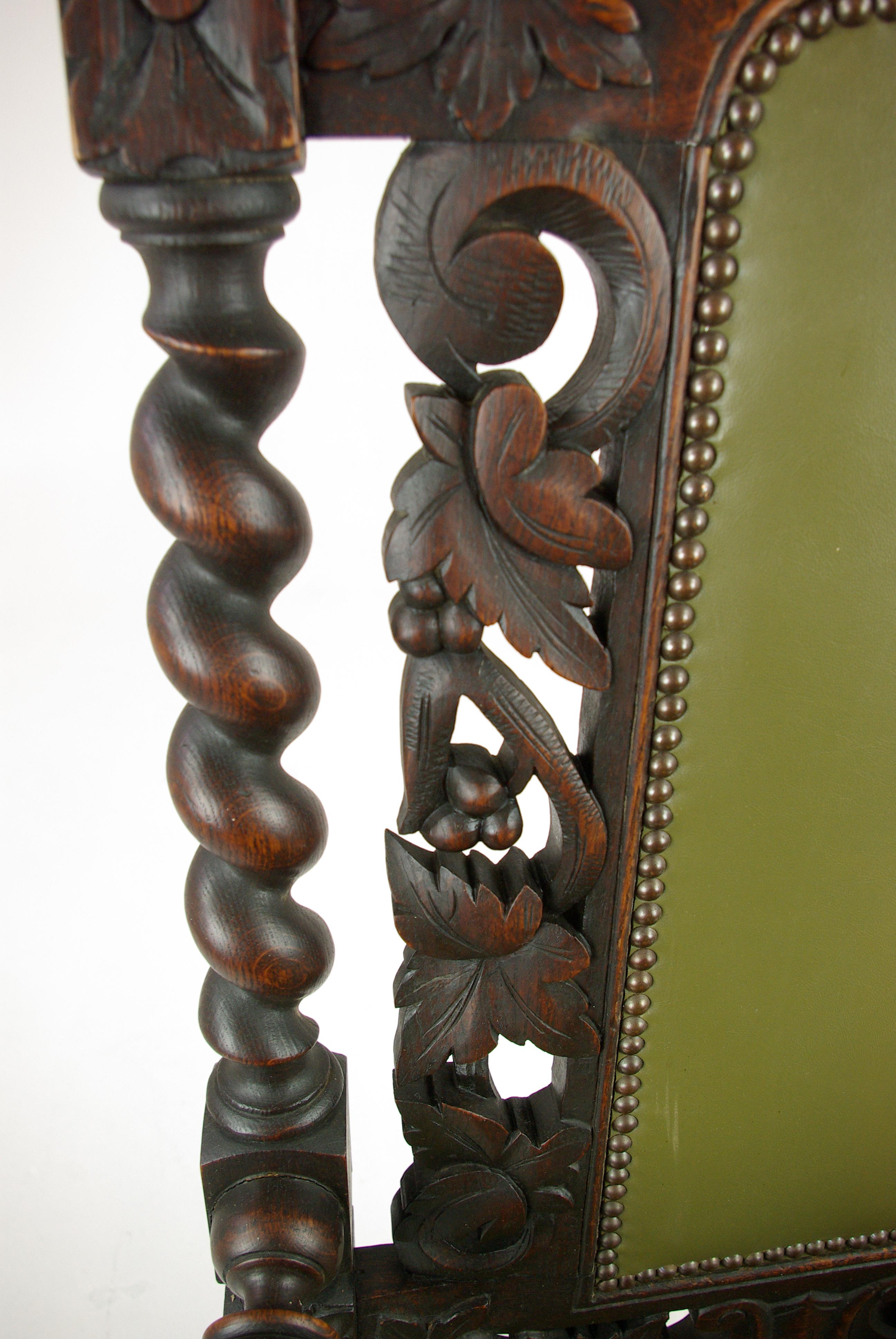 Hand-Carved Antique Oak Chair, Victorian Carved Barley Twist Chair, Scotland 1880s, B1333