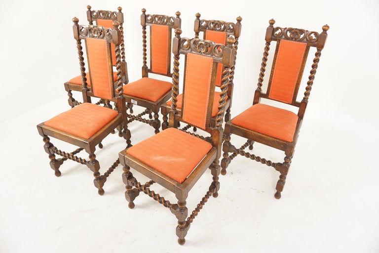 Antique Oak Chairs, 6 High Back Barley Twist Dining Chairs, Scotland 1910, H978 For Sale at 1stDibs