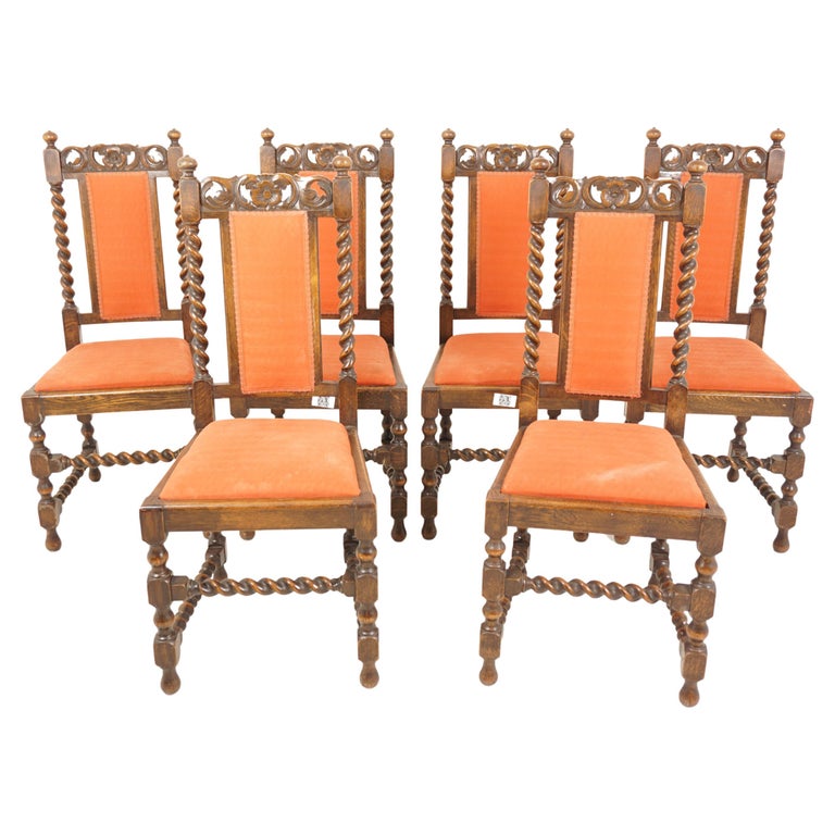 Antique Oak Chairs, 6 High Back Barley Twist Dining Chairs, Scotland