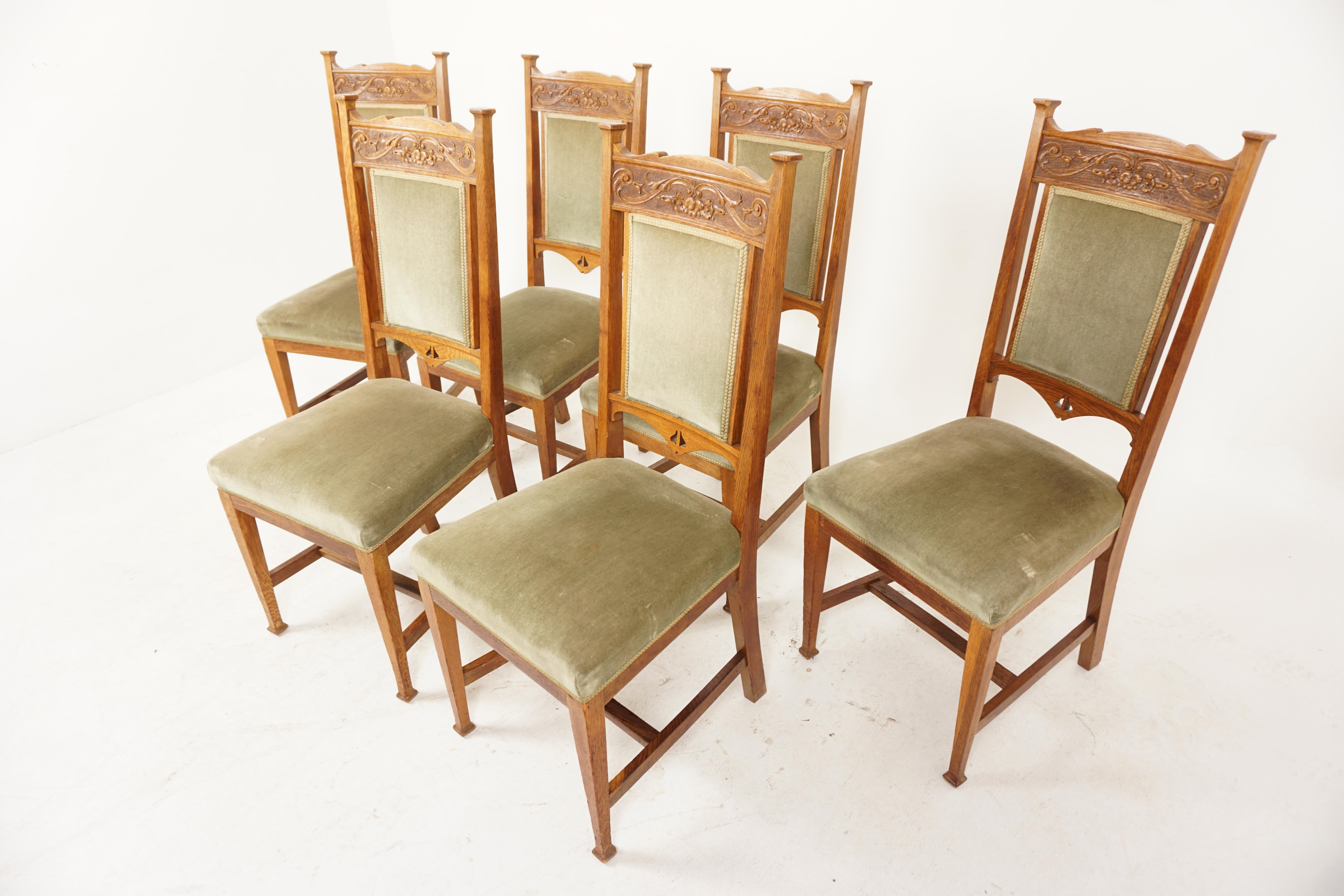Antique Oak Chairs, Set of 6 High Back Upholstered Arts and Craft Dining Chairs, Antique Furniture, Scotland, 1910, H1140

+ Scotland 1910
+ Solid Oak
+ Original Finish
+ Carved top rail with square supports to the sides
+ Upholstered back and