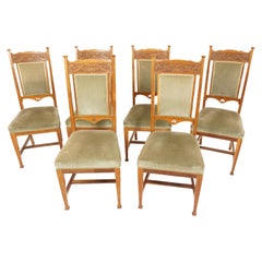 Antique Oak Chairs, 6 High Back Upholstered Dining Chairs, Scotland 1910, H1140