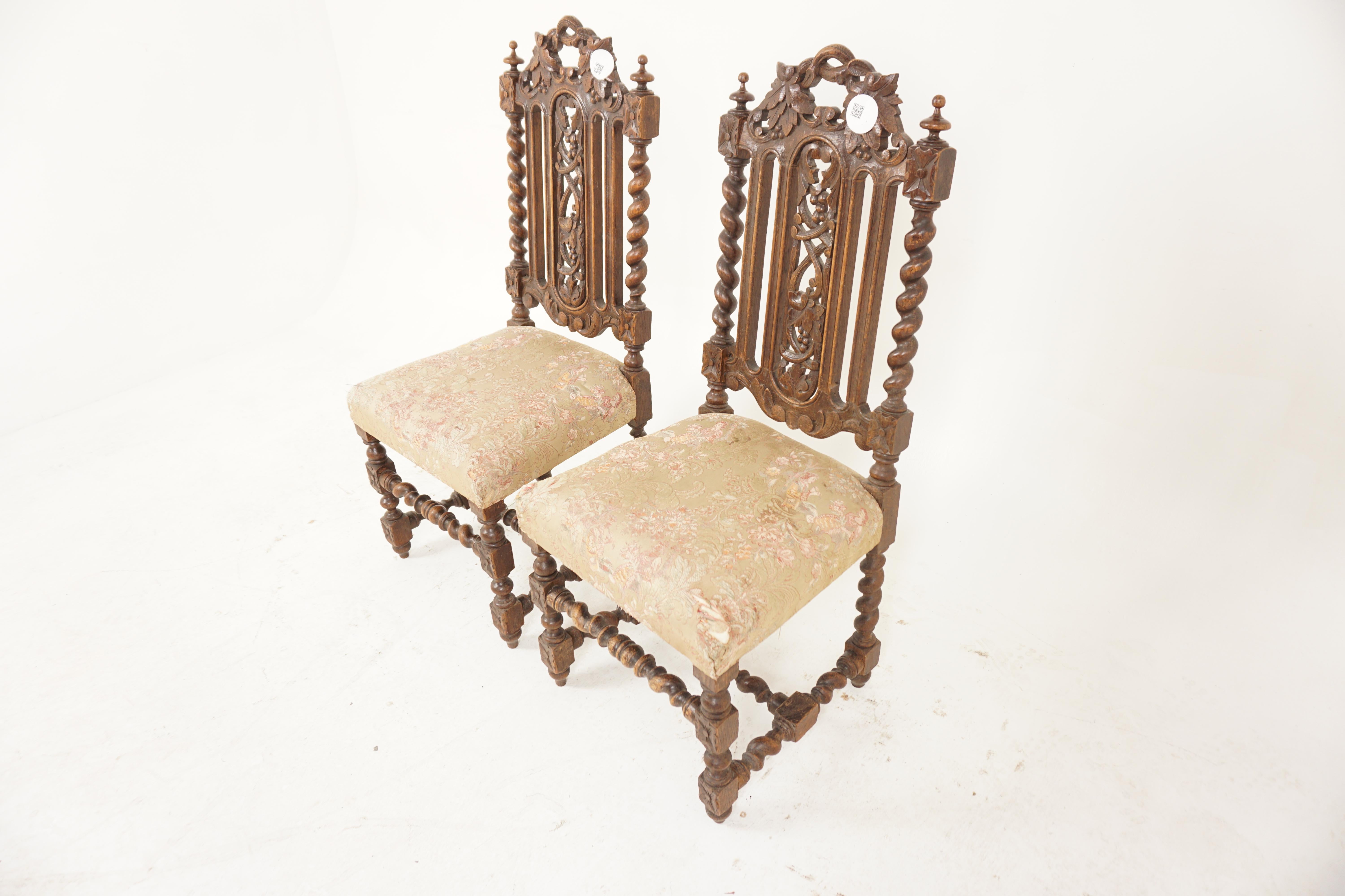 Antique Oak Chairs, Pair of Victorian Carved Oak Barley Twist Chairs, Antique Furniture, Scotland 1860, H1114

+ Scotland 1860
+ Solid Oak
+ Original Finish
+ Superb foliage carving on the top rail
+ Vertical slats with carved centre splat 
+