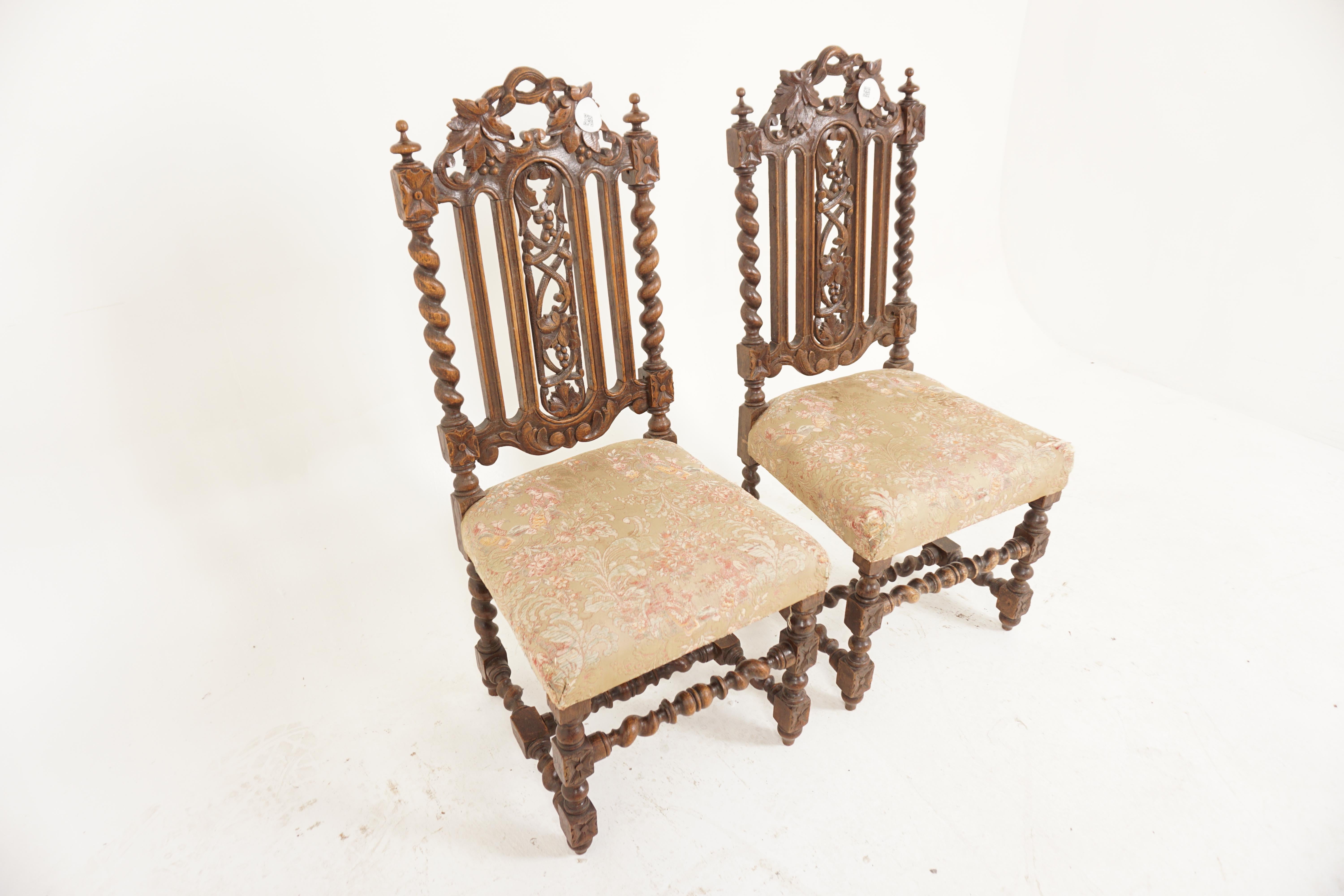 Scottish Antique Oak Chairs, Pair of Victorian Barley Twist Chairs, Scotland 1860, H1114