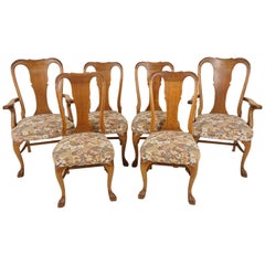 Antique Oak Chairs, Set of 6, T Back, Upholstered Seats, American 1910, B2105