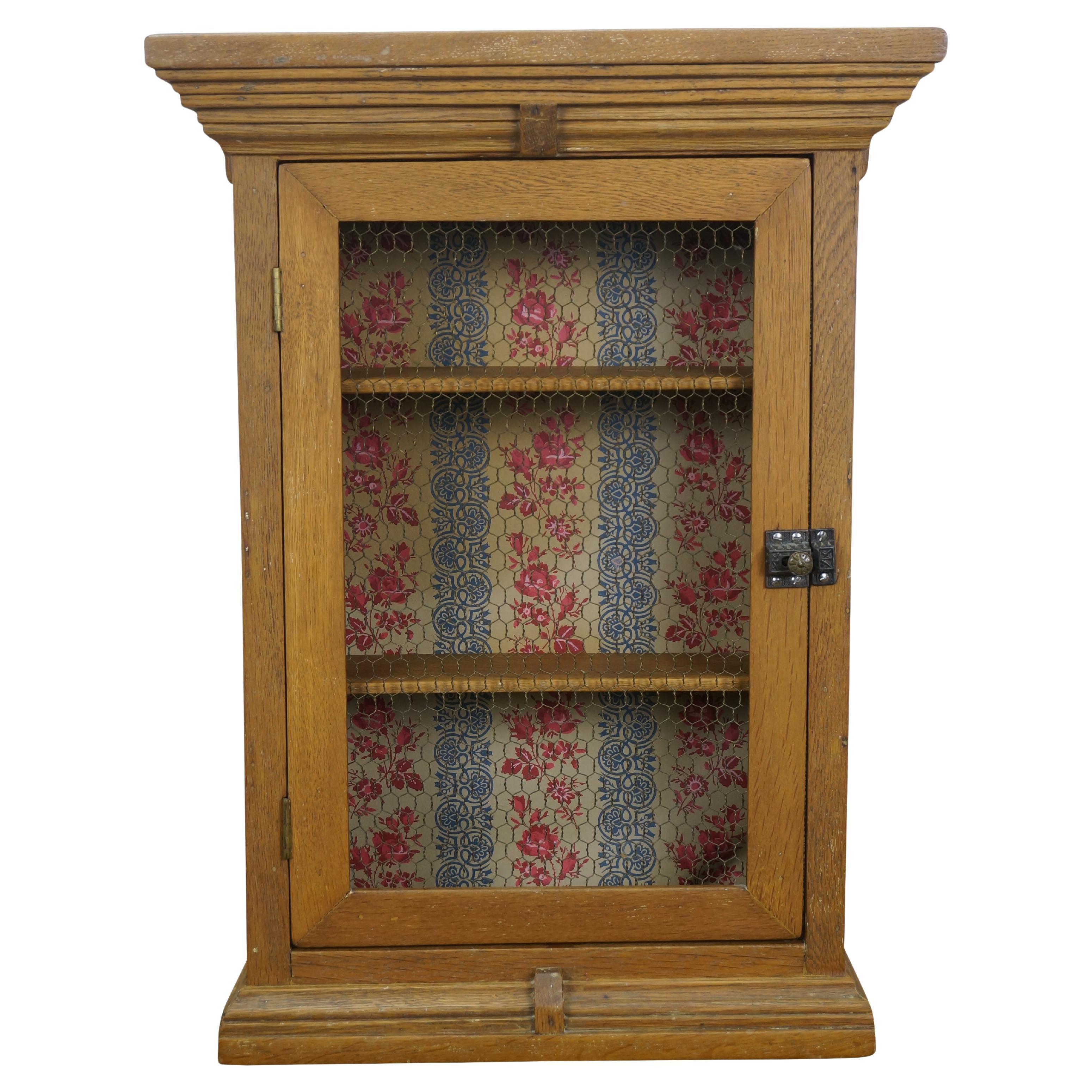 Antique Oak Chicken Wire Wall Hanging Curio Cabinet Trinket Display Case 25"