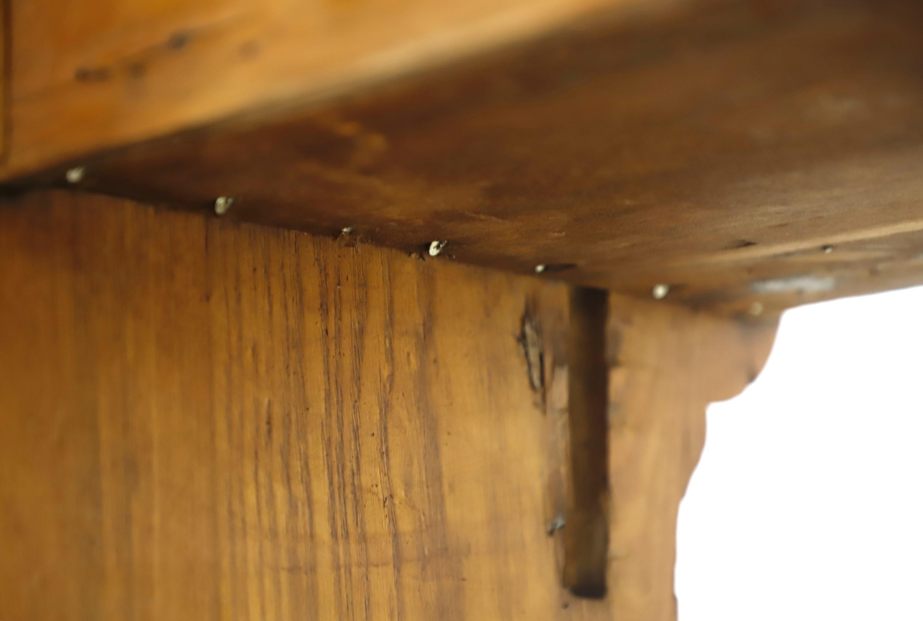 Antique Oak Church Pew Slight Curved Back Carved Details 5