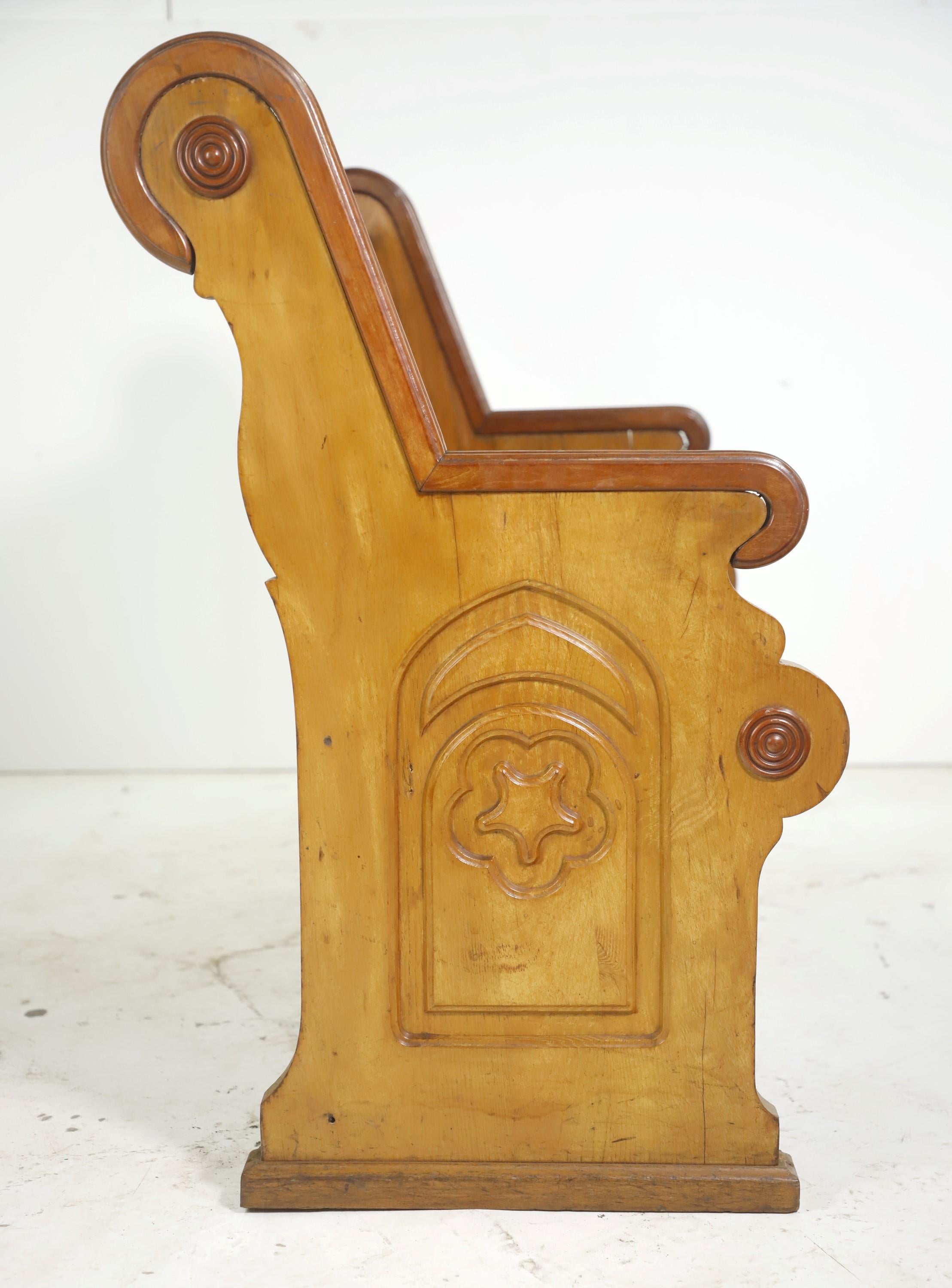 19th Century Antique Oak Church Pew Slight Curved Back Carved Details