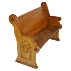 Antique Oak Church Pew Slight Curved Back Carved Details