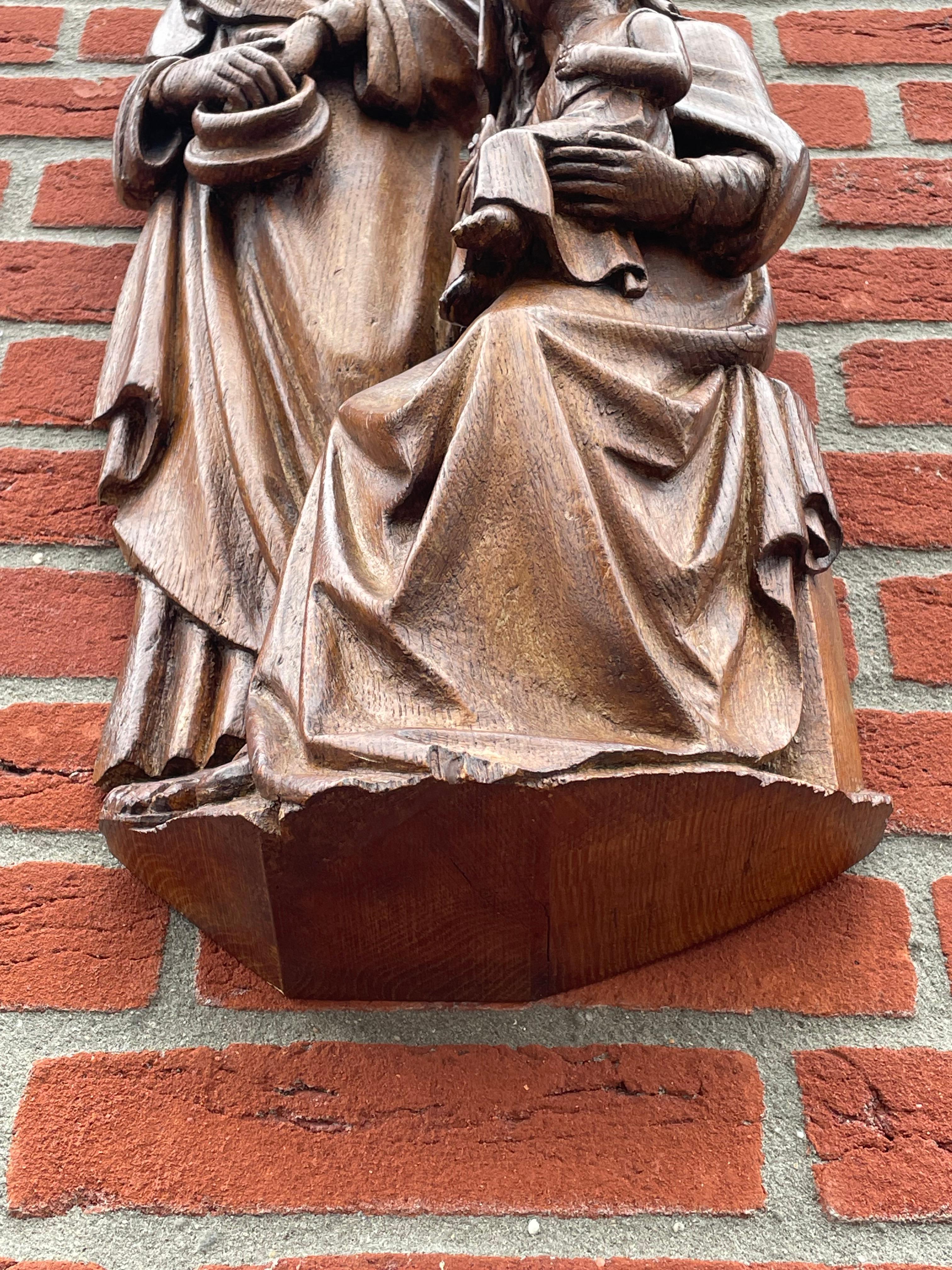 Antique Oak Church Wall Sculpture of Joseph, Mary & Child Jesus Raising Fingers 2