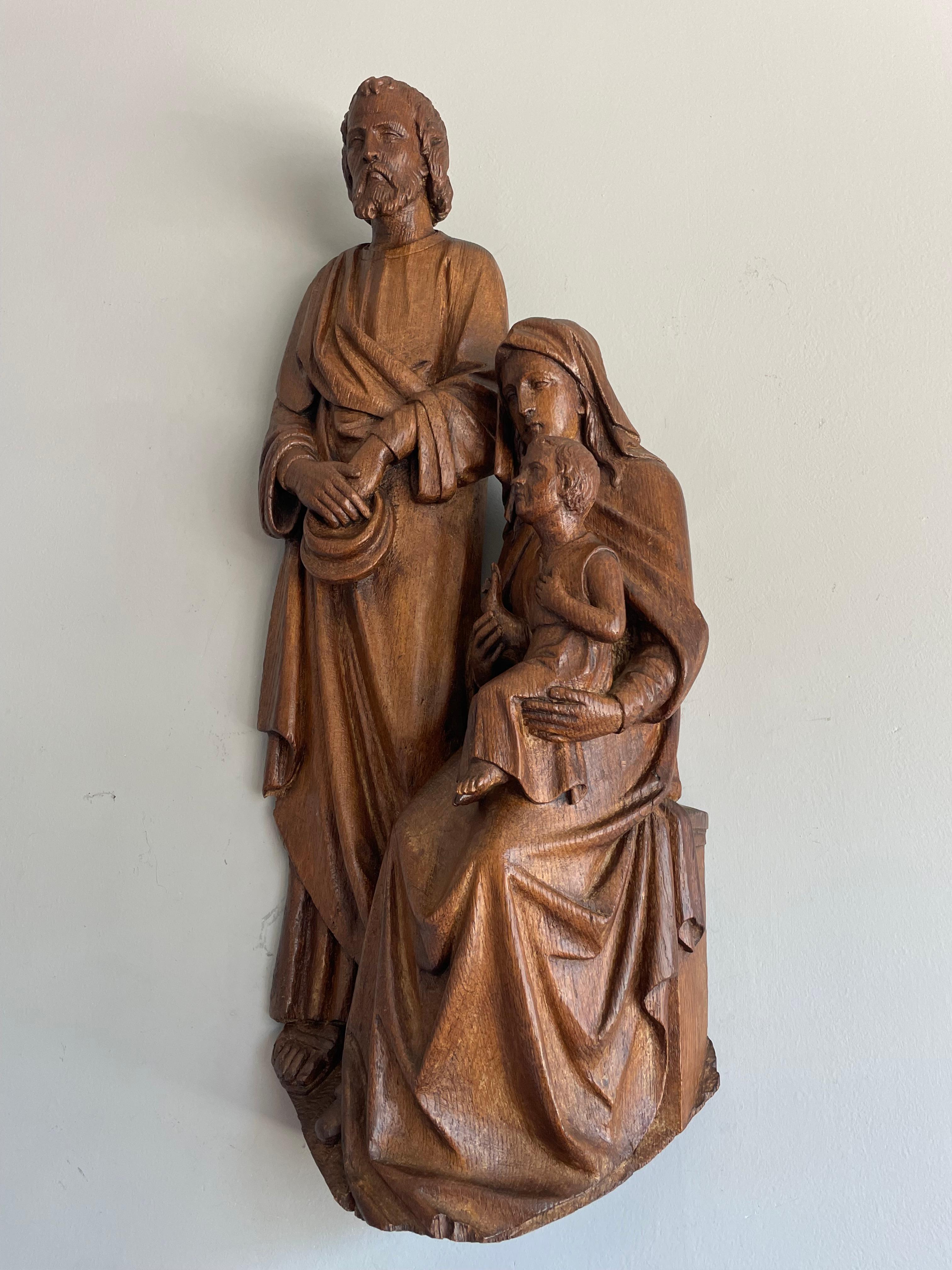 Antique Oak Church Wall Sculpture of Joseph, Mary & Child Jesus Raising Fingers 4