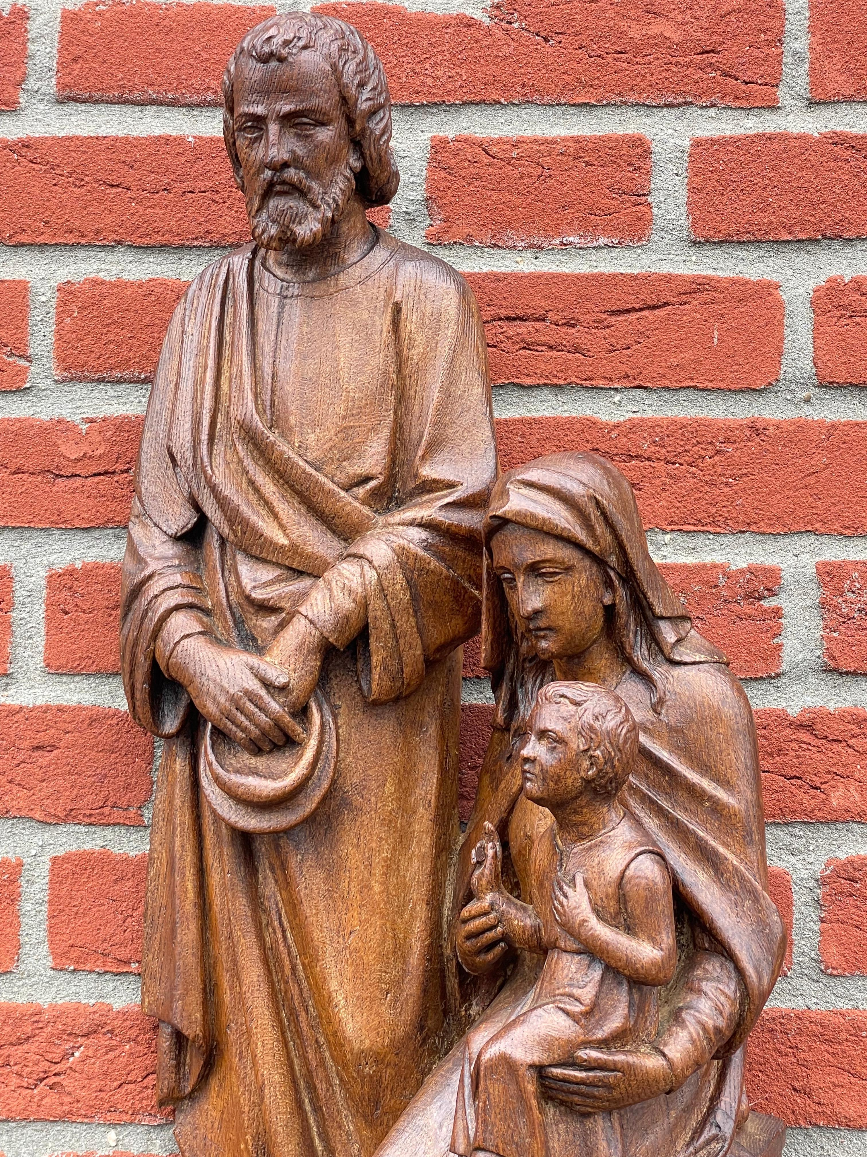 Antique Oak Church Wall Sculpture of Joseph, Mary & Child Jesus Raising Fingers 5
