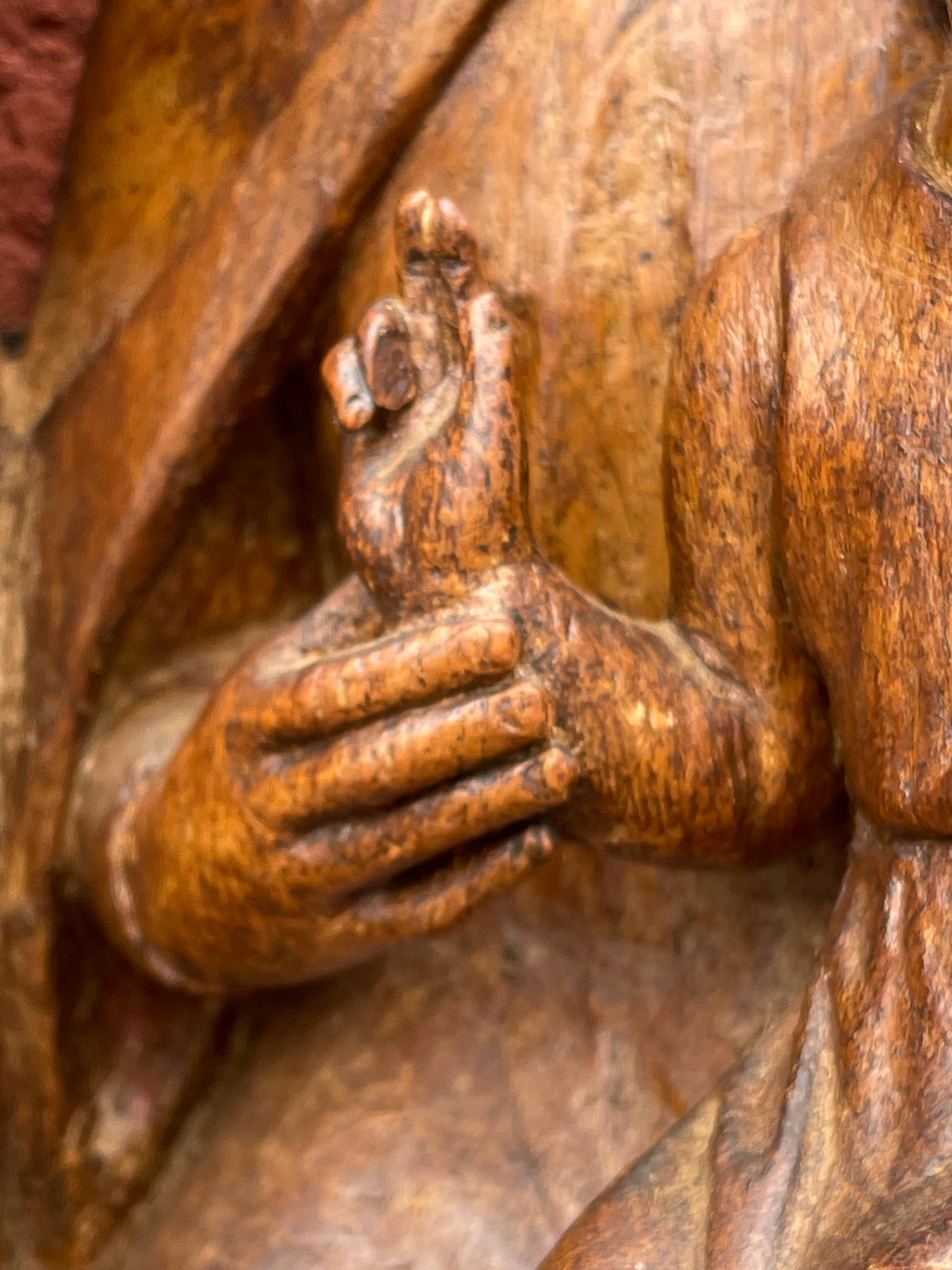 Antique Oak Church Wall Sculpture of Joseph, Mary & Child Jesus Raising Fingers 7