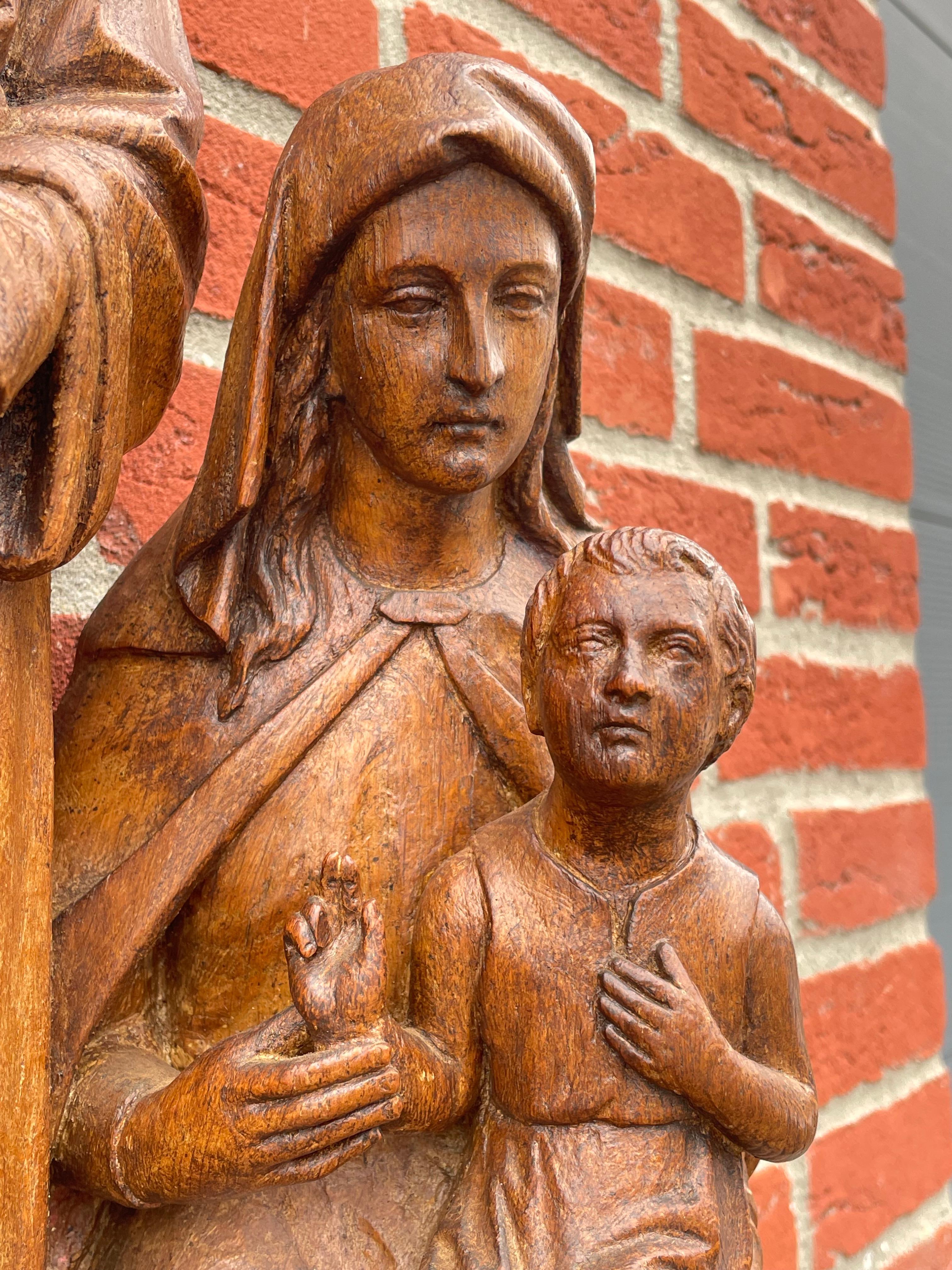 Antique Oak Church Wall Sculpture of Joseph, Mary & Child Jesus Raising Fingers 8