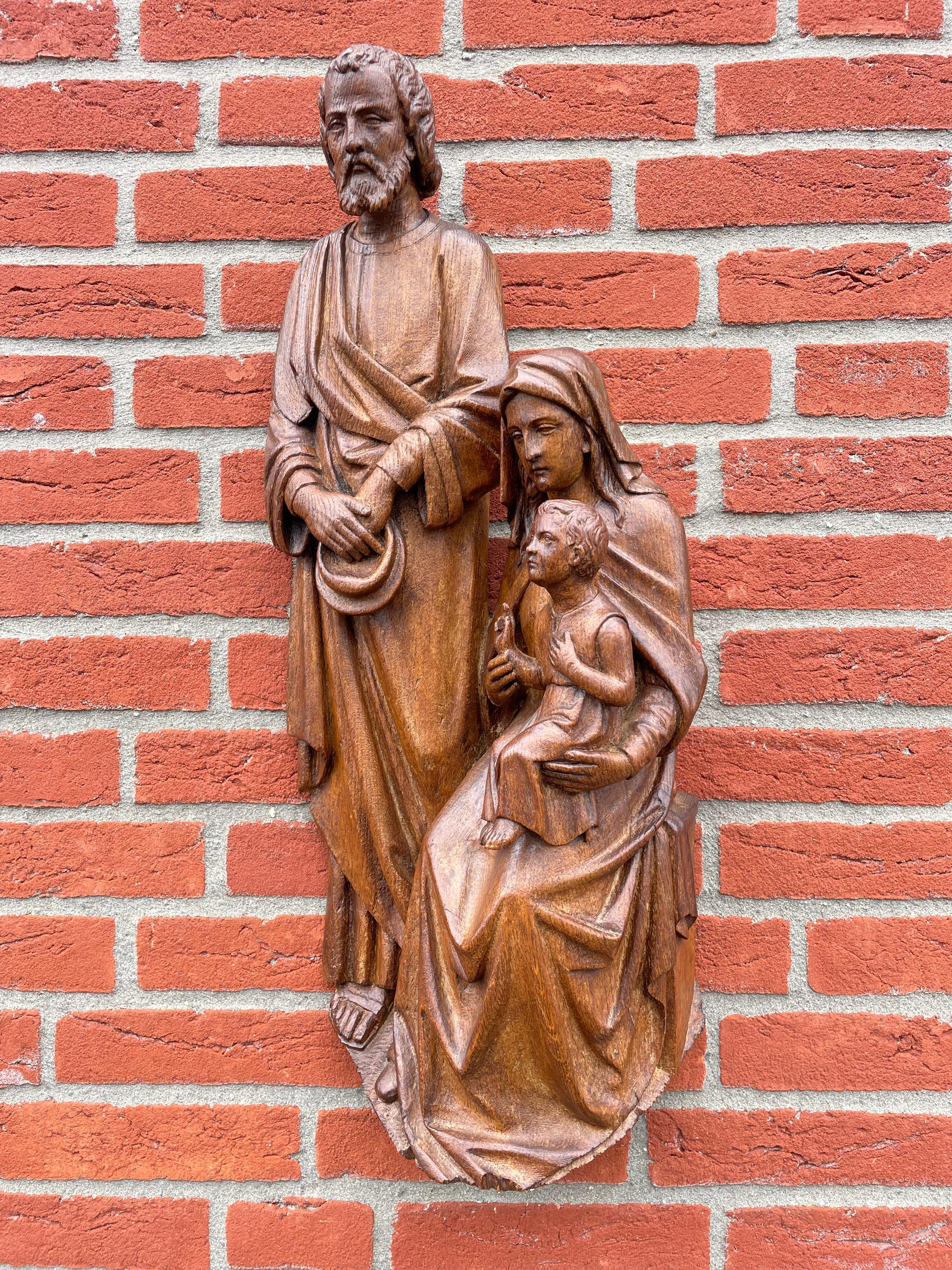 Antique Oak Church Wall Sculpture of Joseph, Mary & Child Jesus Raising Fingers 9