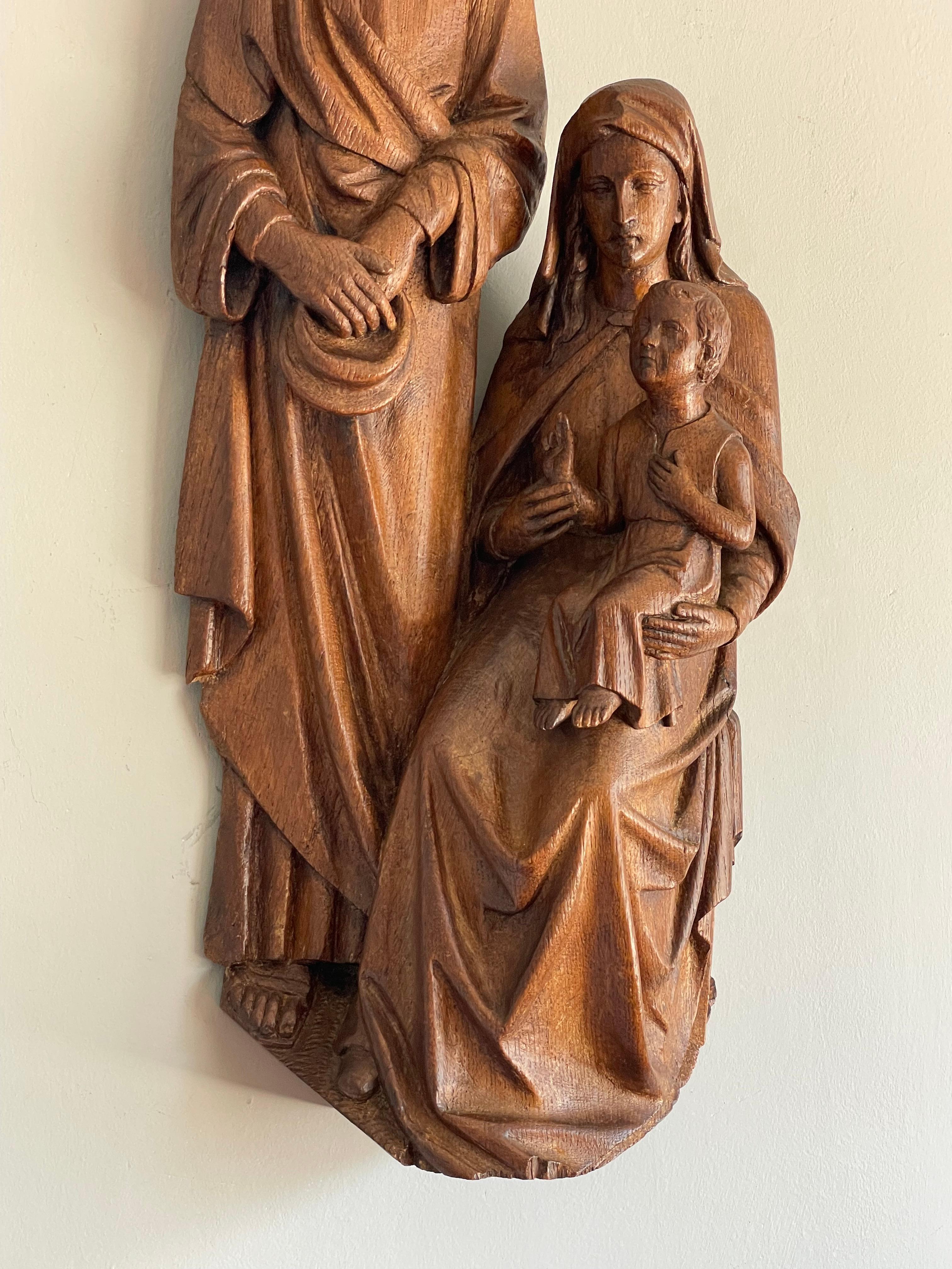 Antique Oak Church Wall Sculpture of Joseph, Mary & Child Jesus Raising Fingers 10